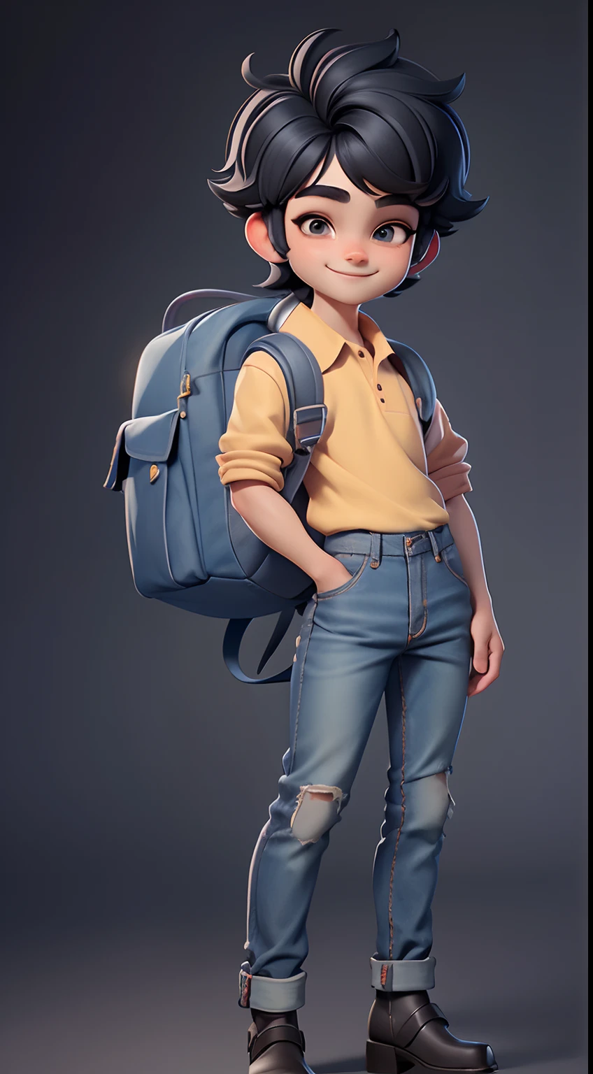 masterpiece, best quality, detailed face, bright eyes, detailed nose, 1 cute boy smiling, jeans and polo shirt, backpack, stand up, black hair, young pretty gravure idol, of a youthful boy, ((full body)), Be sure to add shadows, textures and details to the hair, clothes,