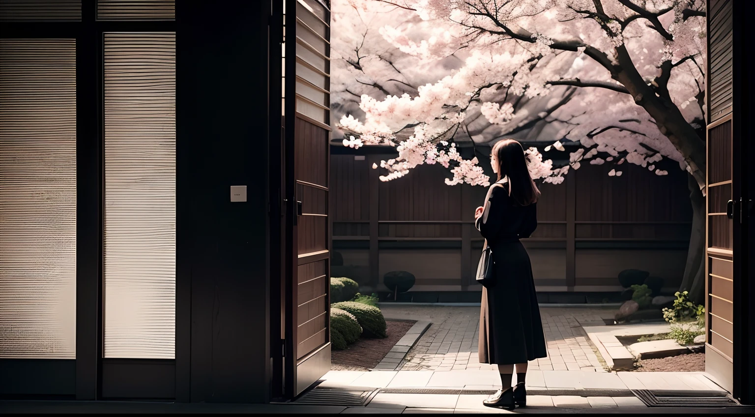 Show a peaceful scene of Hana standing near a cherry blossom tree, looking contemplative.
Art Form: Photography (50mm)
Inspiration: Daido Moriyama
Description: In a black and white photograph, Hana stands beside a majestic cherry blossom tree. She gazes thoughtfully into the distance, the delicate blossoms framing her silhouette. The image has a cool color temperature, and soft, natural lighting enhances the serene atmosphere.
