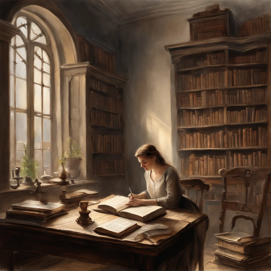 A girl reading in a library surrounded by ink wash paintings, with a desk covered in open books, and a ray of sunlight shining through the window onto the desk. (best quality,4k,8k,highres,masterpiece:1.2),ultra-detailed,(realistic,photorealistic,photo-realistic:1.37),traditional ink wash style,classic interior,serene atmosphere,natural lighting,quiet and cozy ambiance,antique wooden bookshelves,stacks of books,old leather-bound volumes,dust particles floating in the air,gentle texture of ink strokes,soft color palette,subtle gradients of gray and black,a flickering candle on the desk,soft shadows and highlights,detailed textures of wood and paper,hint of sepia tone,peaceful and contemplative mood.