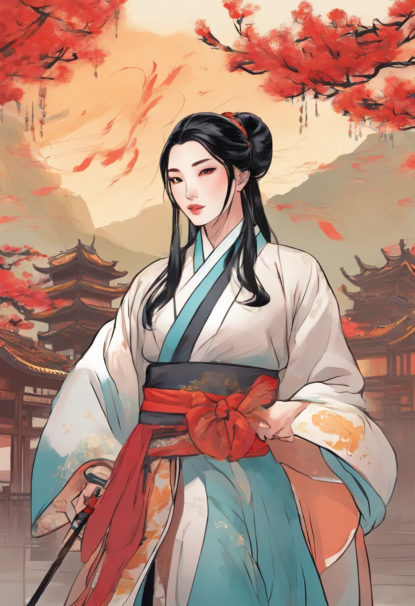 The girl wore Hanfu, black hair, had her hair in two buns, and held a sword , smile on her face.