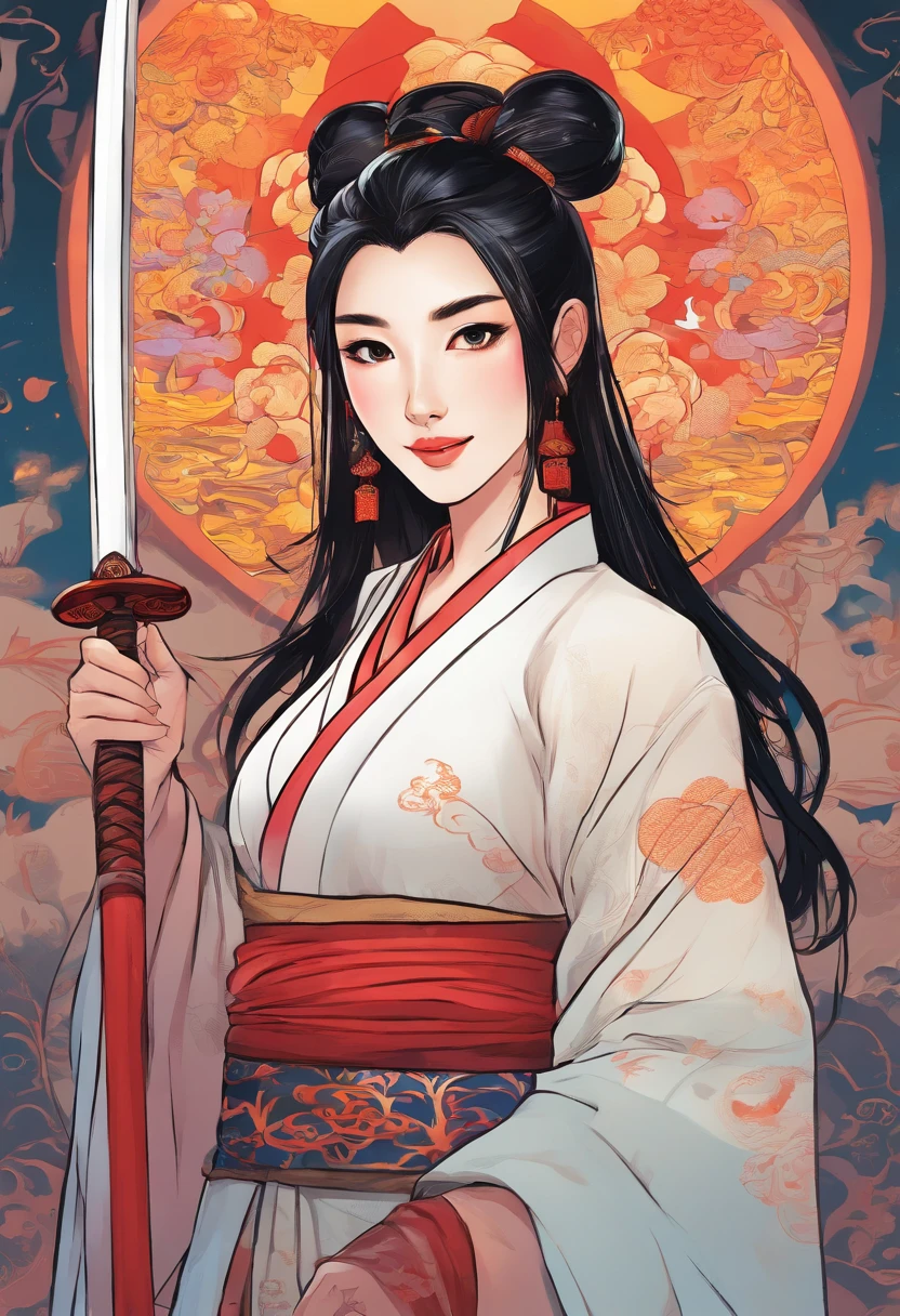 The girl wore Hanfu, black hair, had her hair in two buns, and held a sword , smile on her face.