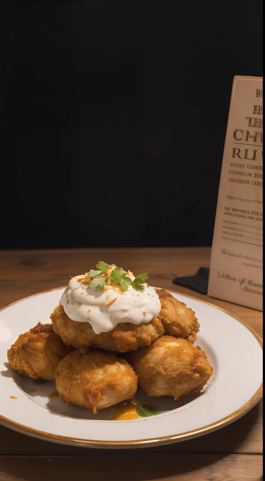 Capture the essence of culinary elegance in a stunning photograph featuring a plate of perfectly prepared fried chicken. Showcase the golden-brown crust, delicately crispy and infused with flavor. Place the chicken on an upscale dish with refined plating, accompanied by carefully chosen sides that complement its savory allure. Utilize lighting to accentuate the textures and colors, revealing the mouthwatering details that make each bite irresistible. This photograph aims to convey the sophistication and indulgence of enjoying a gourmet serving of fried chicken, inviting viewers to savor the artistry and taste of this culinary masterpiece.