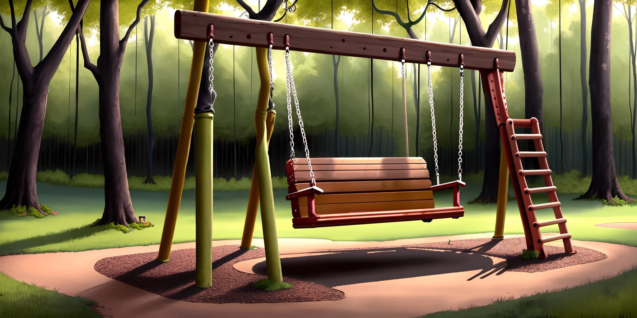 forgotten playground in the middle of a forest, its plastic toys warped and faded by the sun, a lonely swing swaying in the wind, as if waiting for someone who will never come. 64k quality no human population