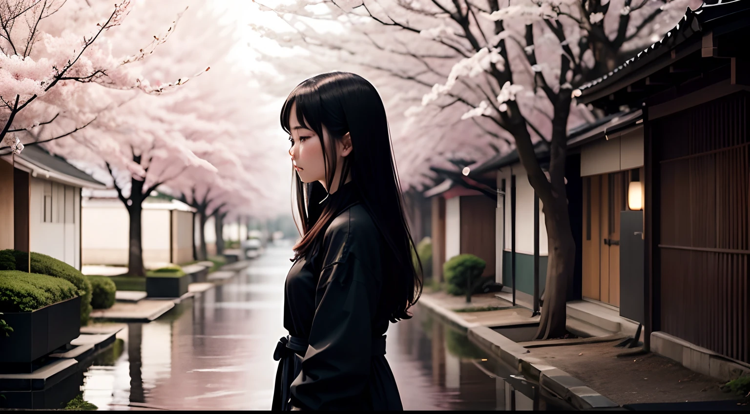 Show a peaceful scene of Hana standing near a cherry blossom tree, looking contemplative.
Art Form: Photography (50mm)
Inspiration: Daido Moriyama
Description: In a black and white photograph, Hana stands beside a majestic cherry blossom tree. She gazes thoughtfully into the distance, the delicate blossoms framing her silhouette. The image has a cool color temperature, and soft, natural lighting enhances the serene atmosphere.