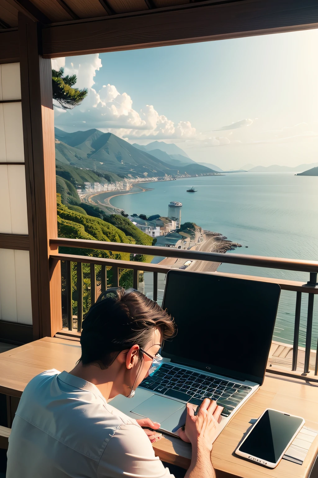 An Italian man、Using laptop in office overlooking sea in Japan countryside、Photorealsitic