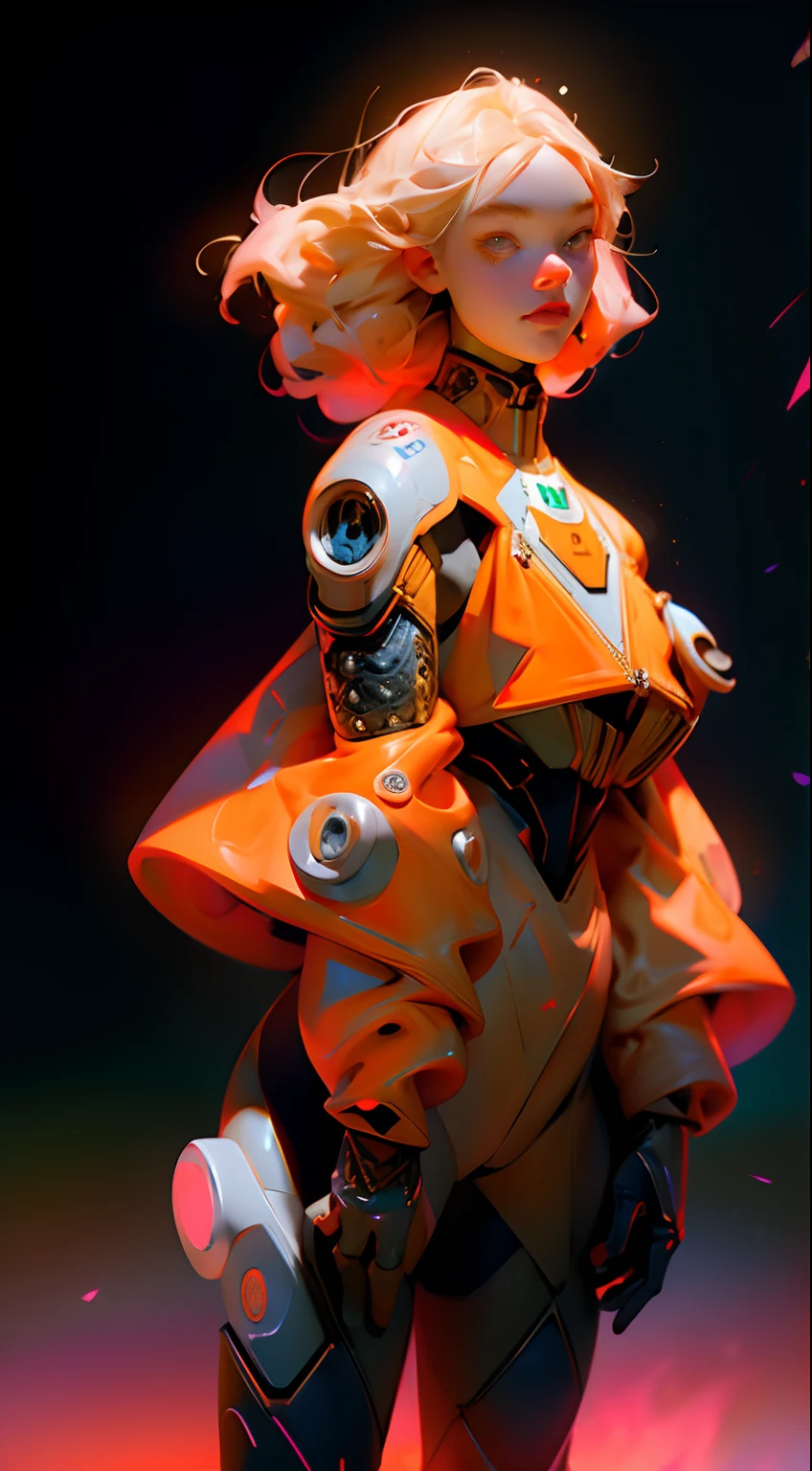 blond haired woman in a multi color and multi pattern costume. A logical costum. A shining, luminous costum ( apocalyptic ) ), cyber suit, inspired by every master artist combined. In high-definition 8 k, realistic cosplay future anime, cybersuit, futuristic style anime, perfect android girl, cybersuits. Bimbo look. Only fans beauty. (Show the full body. Dynamic arm pose)