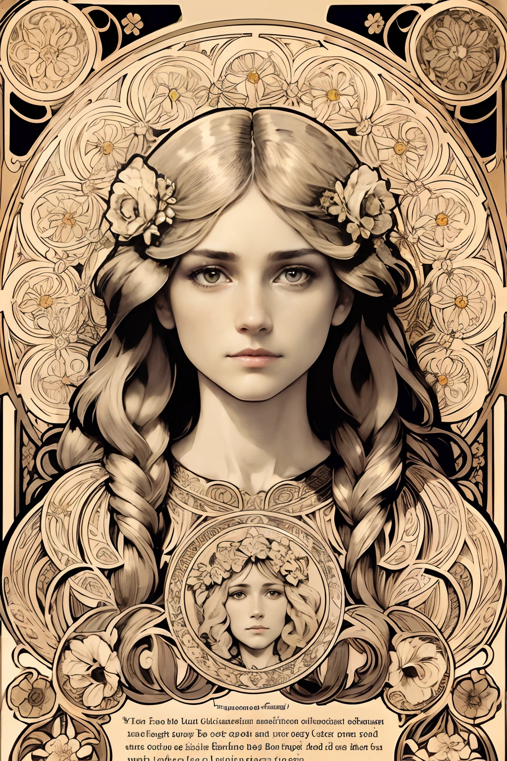 face portrait of a Ukrainian female , long curly hair, blond, floral frame, Decorative panels, abstract
artistic, by Alphonse Mucha, (Masterpiece, Best Quality, Highres:1.2), Detailed, Intricate Details, 4K, color splashes, line art, fibonacci, in the style of alfons mucha
