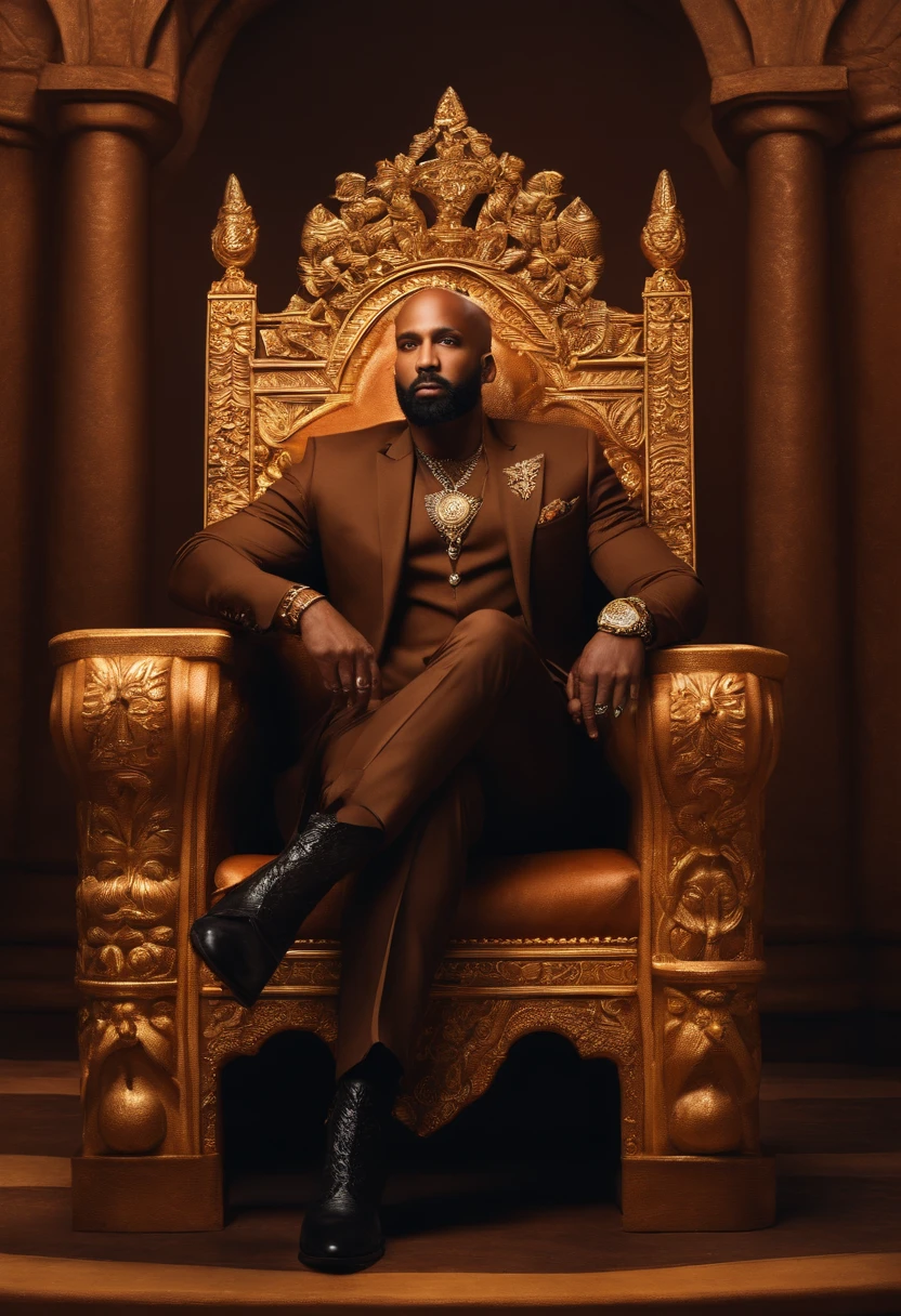 brown skinned King,physically well built, sitting on throne,crown,short beard,bald,business atire