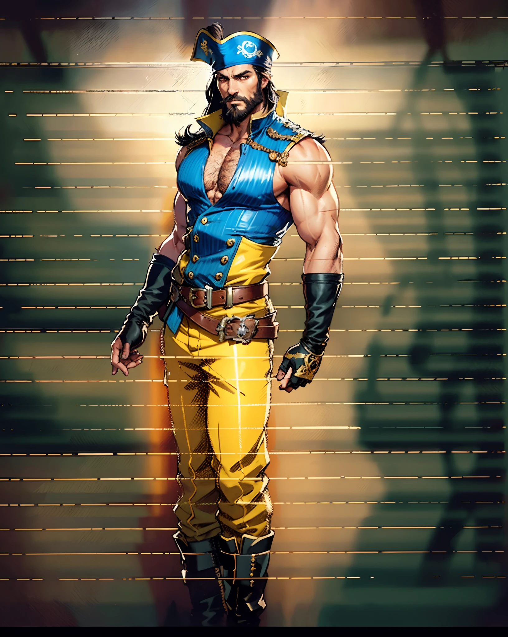 A middle-aged man with long black hair, medium length hair, wears a small round felt hat on his head, he has a cunning and sharp gaze, a beard, a tall and imposing figure, a fantasy-style pirate coat, sleeveless, exquisite stripes, a large skull pattern, has a golden sash around his waist, a leather belt with bone decorations, long gloves with metal ornaments, two-tone utility pants, knee-high leather boots, primarily in shades of black, accented by touches of red and yellow, he stands proudly at the bow of a massive pirate ship, this character embodies a finely crafted fantasy-style pirate in anime style, characterized by an exquisite and mature manga illustration art style, high definition, best quality, highres, ultra-detailed, ultra-fine painting, extremely delicate, professional, anatomically correct, symmetrical face, extremely detailed eyes and face, high quality eyes, creativity, RAW photo, UHD, 8k, Natural light, cinematic lighting, masterpiece:1.5