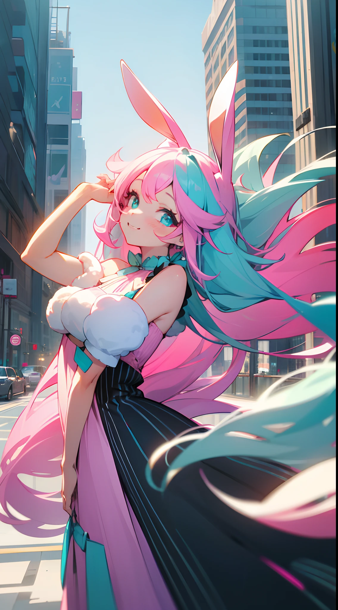 1 girl, long hair, long bangs, pink and turquoise hair, hidden hairstyle, white and blue bunny ears, black Horizontal striped dress, black and white dress, city life, turquoise eyes, Rabbit ears droop down, long dress, light smile