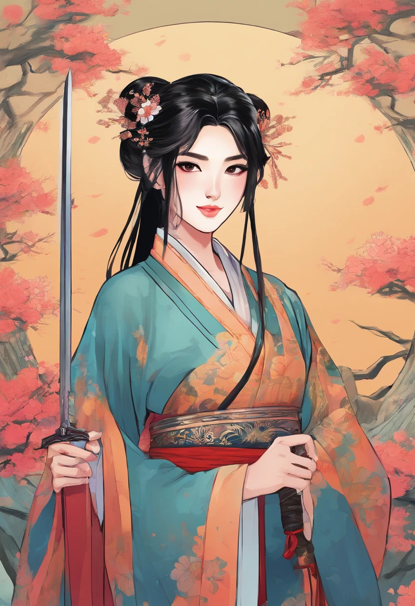 The girl wore Hanfu, black hair, had her hair in two buns, and held a sword , smile on her face.