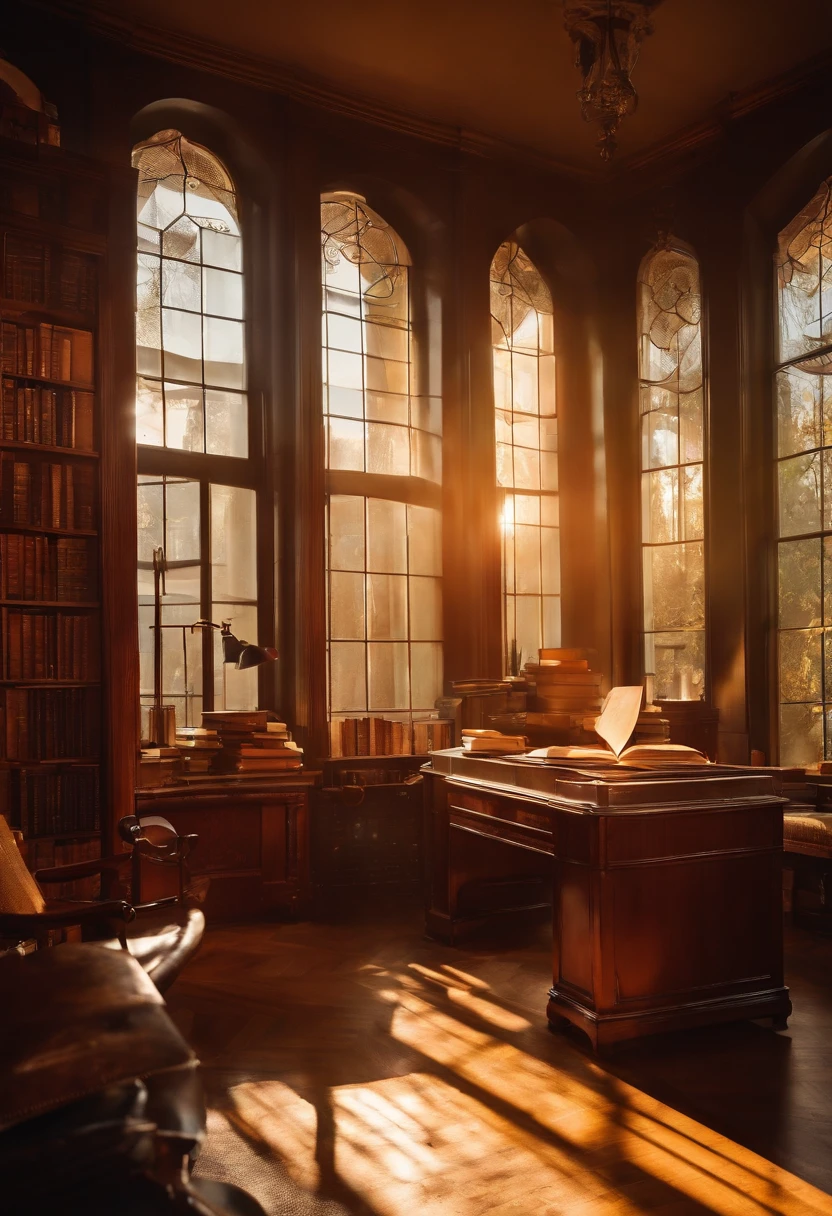 Ink wind，Interior of modern library tubes，On the desk were open books，A ray of sunlight shines through the window on the desk