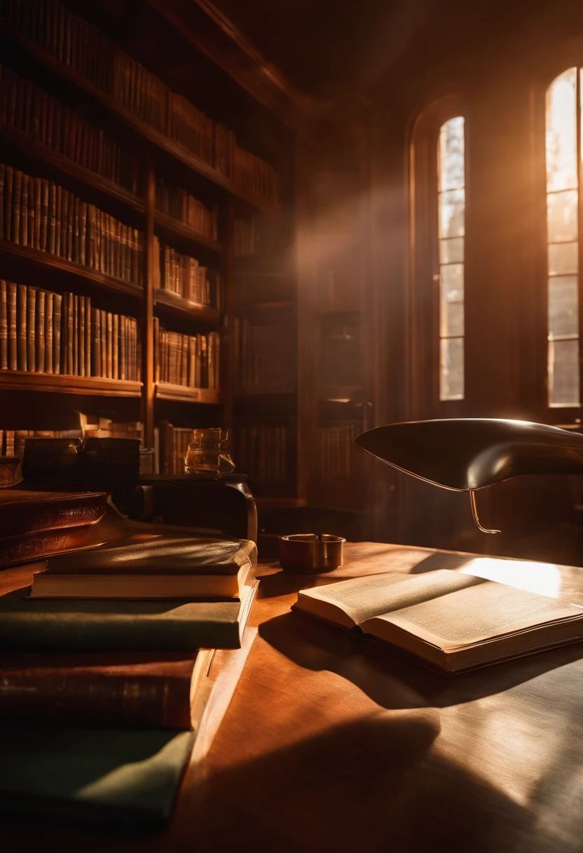 Ink wind,Interior of modern library tubes,On the desk were open books,A ray of sunlight shines through the window on the desk