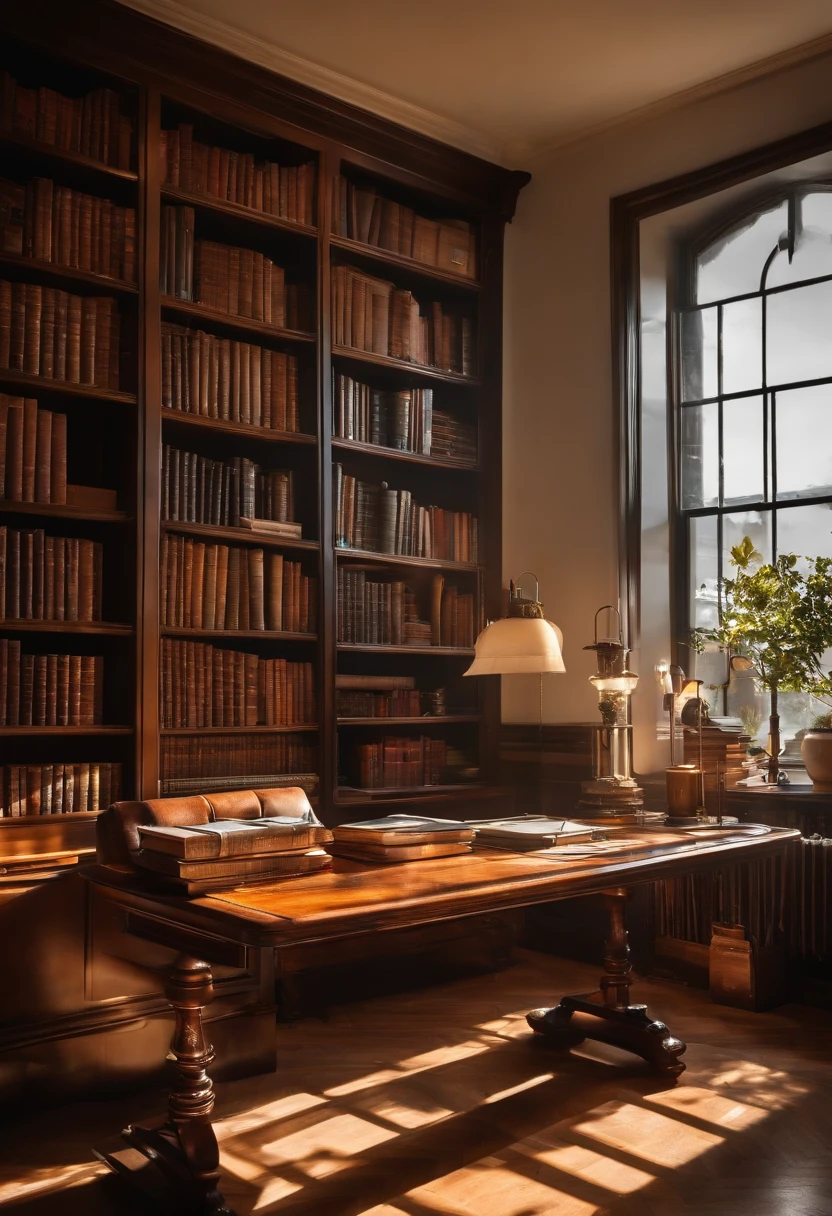 A room with shelves of books and in the middle of the room there is a desk with a chair and next to it a piece of furniture with a candle and a record player. There is a large rug on the floor.. And on the right there is a sculpture of the goddess Aphrodite and on the left a piano.