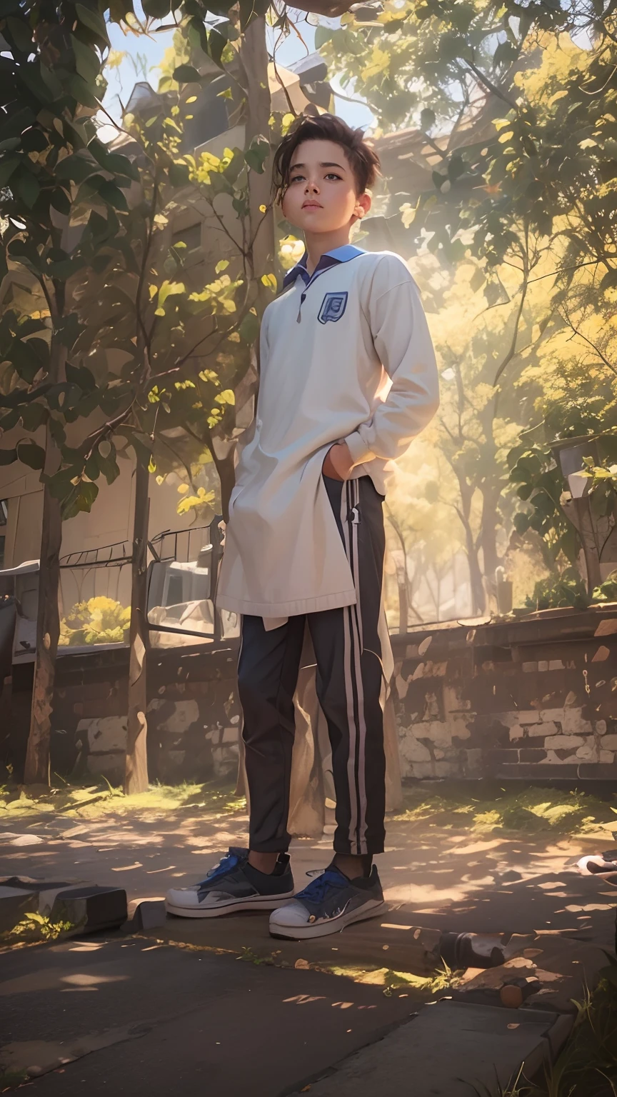 Create a boy in front of school realistic art, 8k resolution