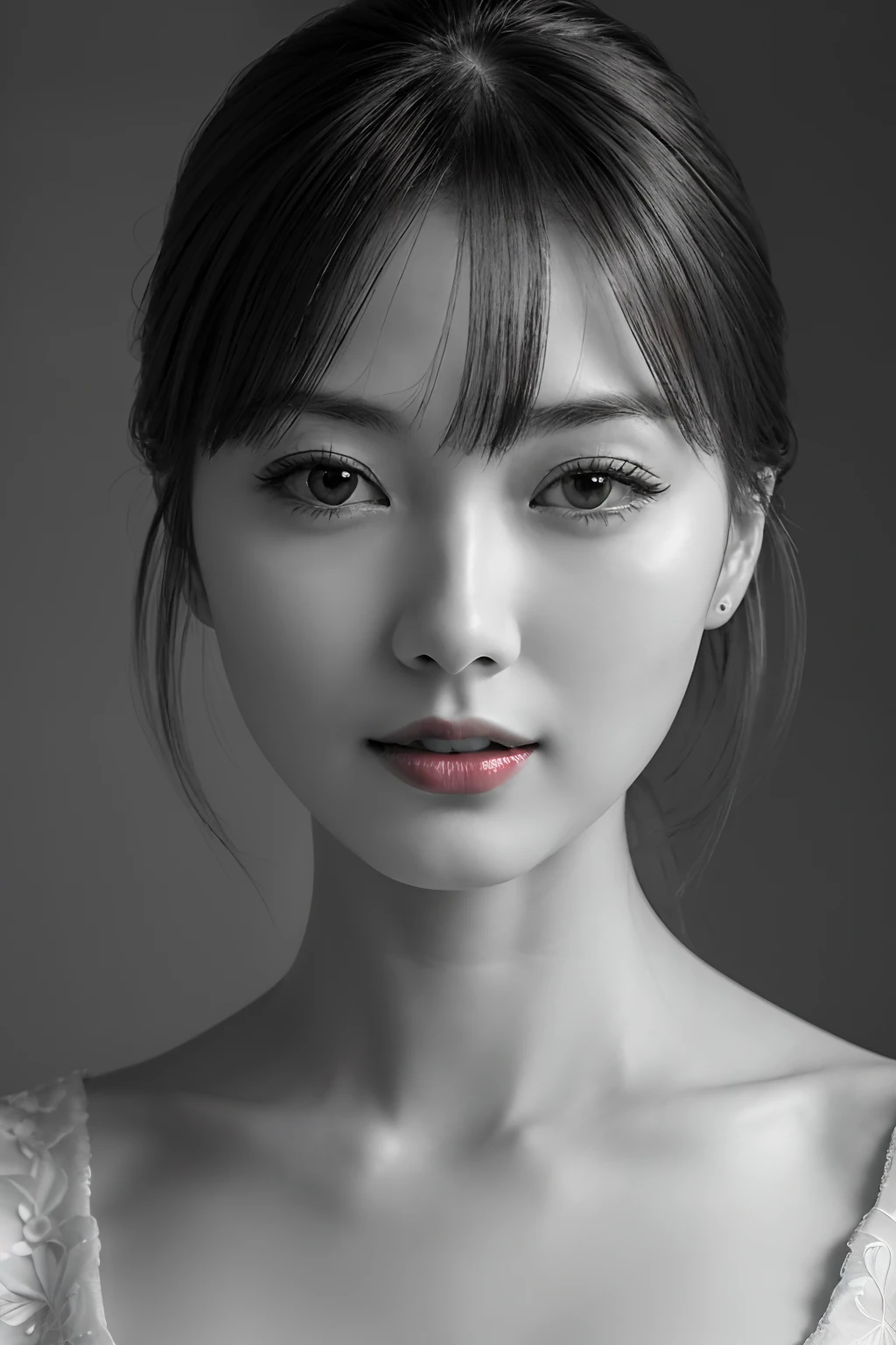 masutepiece, Best Quality, Photorealsitic, Ultra-detailed, finely detail, hight resolution, 8k wallpaper, Professional, high level of detail, ((Monochrome photography)), 1girl in, ((Facing the front)), ((Vermilion lips)), Detailed clavicle, face perfect, straight haired