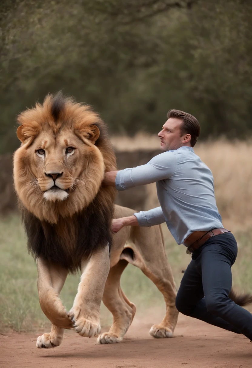 1 man kicks a lion.