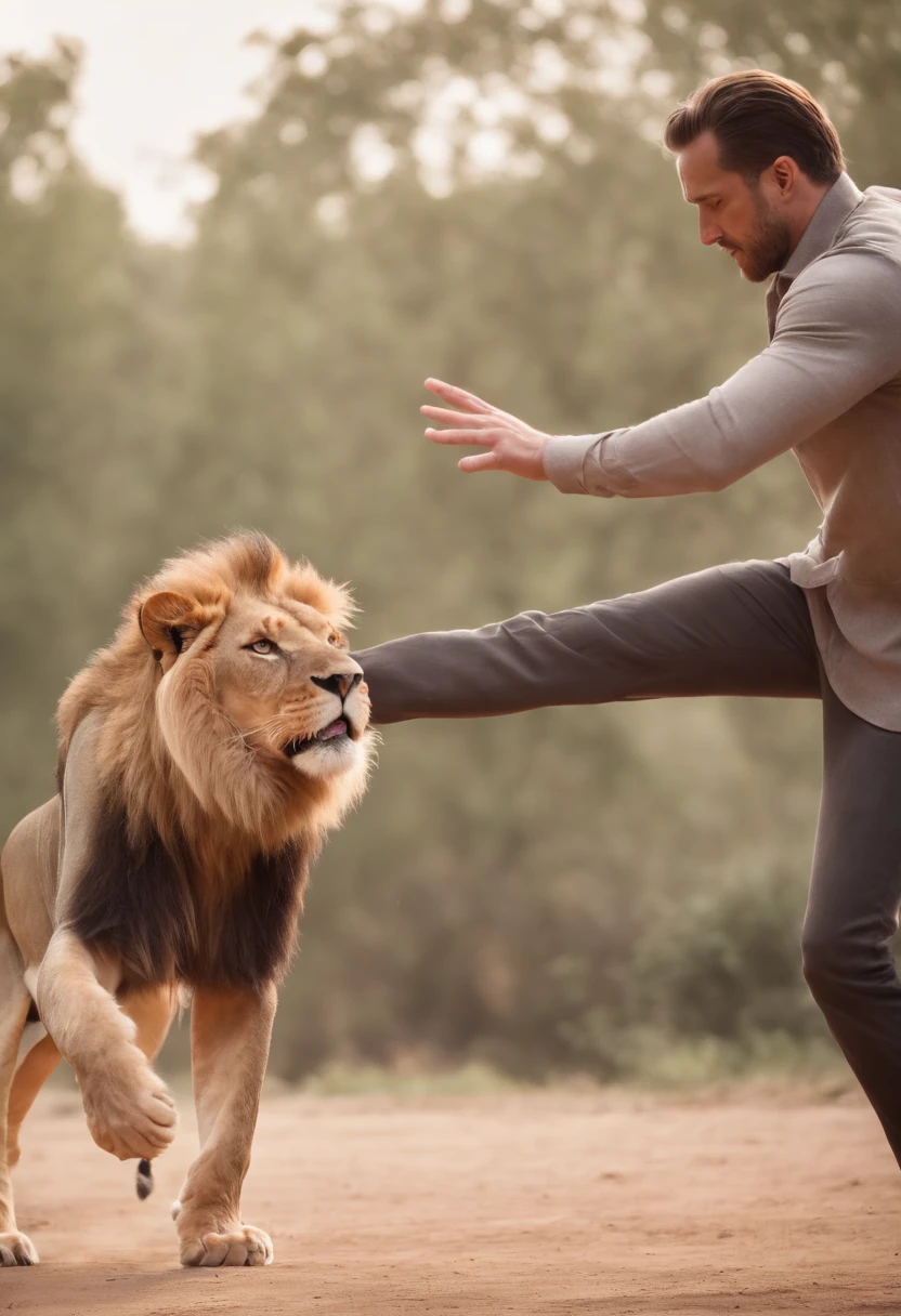 1 man kicks a lion.
