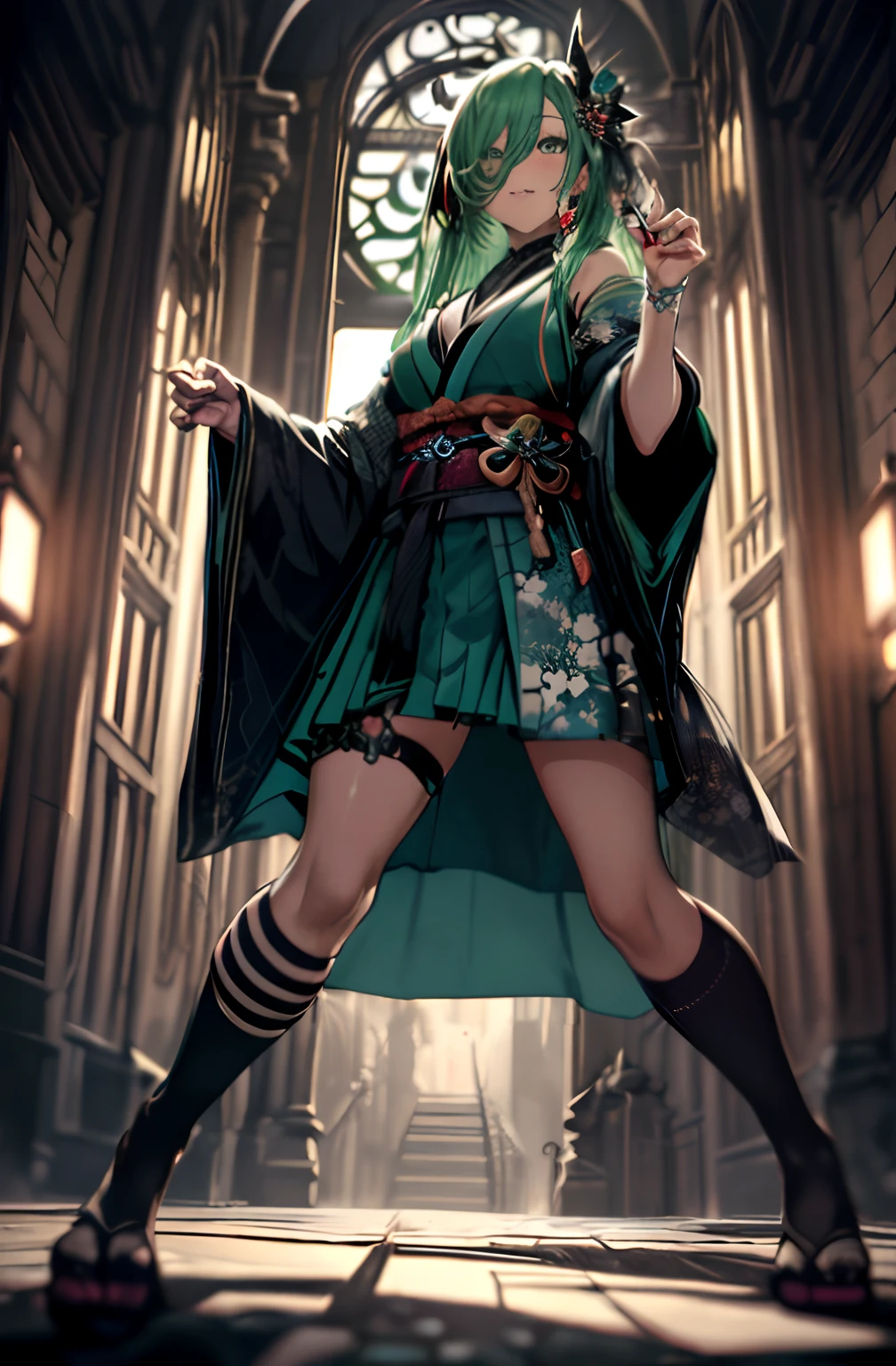 Full body、Japanese dress、Kimono Dresses、long、miku hatsune、Green hair、Twin-tailed、Ahegao ( Silly / Sexual ecstasy)、Cross-eyed、Stranger、View other people、Blunt bangs、 over-kneehighs,Ahegao , Silly,Sexual ecstasy,Drunken eyes,Blunt bangs, Green hair,(masutepiece:1.2, Best Quality), (finely detailed beautiful eye: 1.2), (Detailed background,Dark Fantasy), (beautifull detailed face), High contrast, (Best Illumination, extremely delicate and beautiful), ((Cinematic Light)), Colorful, Hyper Detail, Dramatic light, Intricate details,