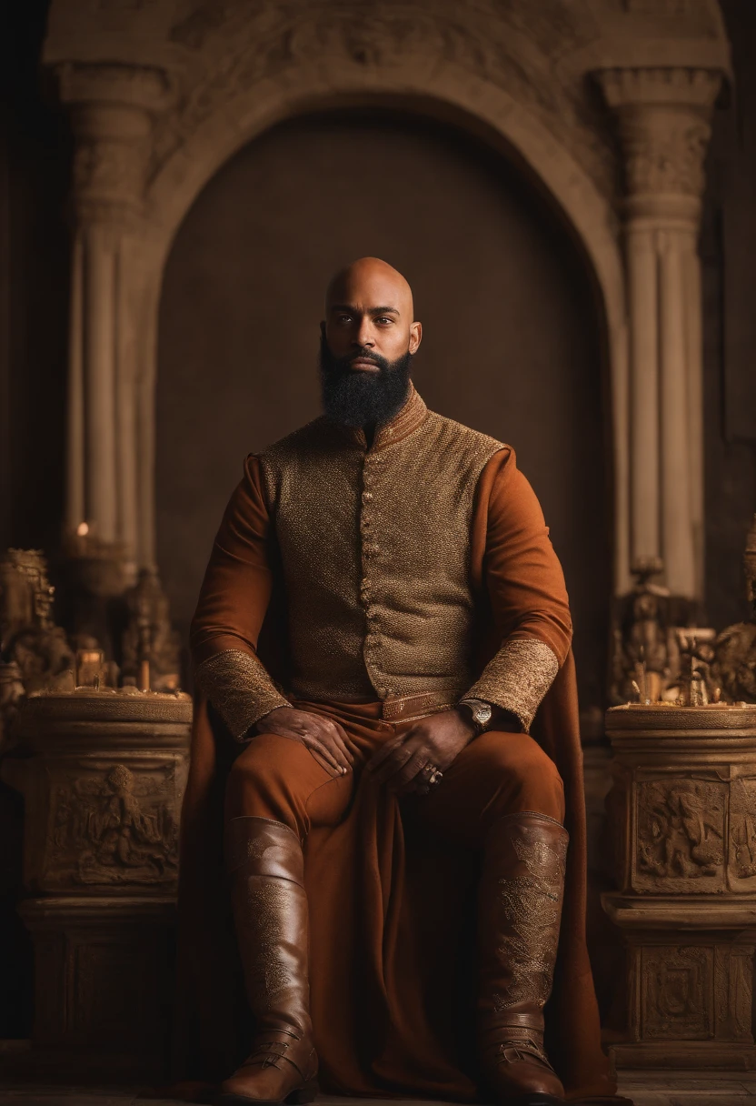brown skinned King,physically well built, sitting on throne,crown,short beard,bald,business atire