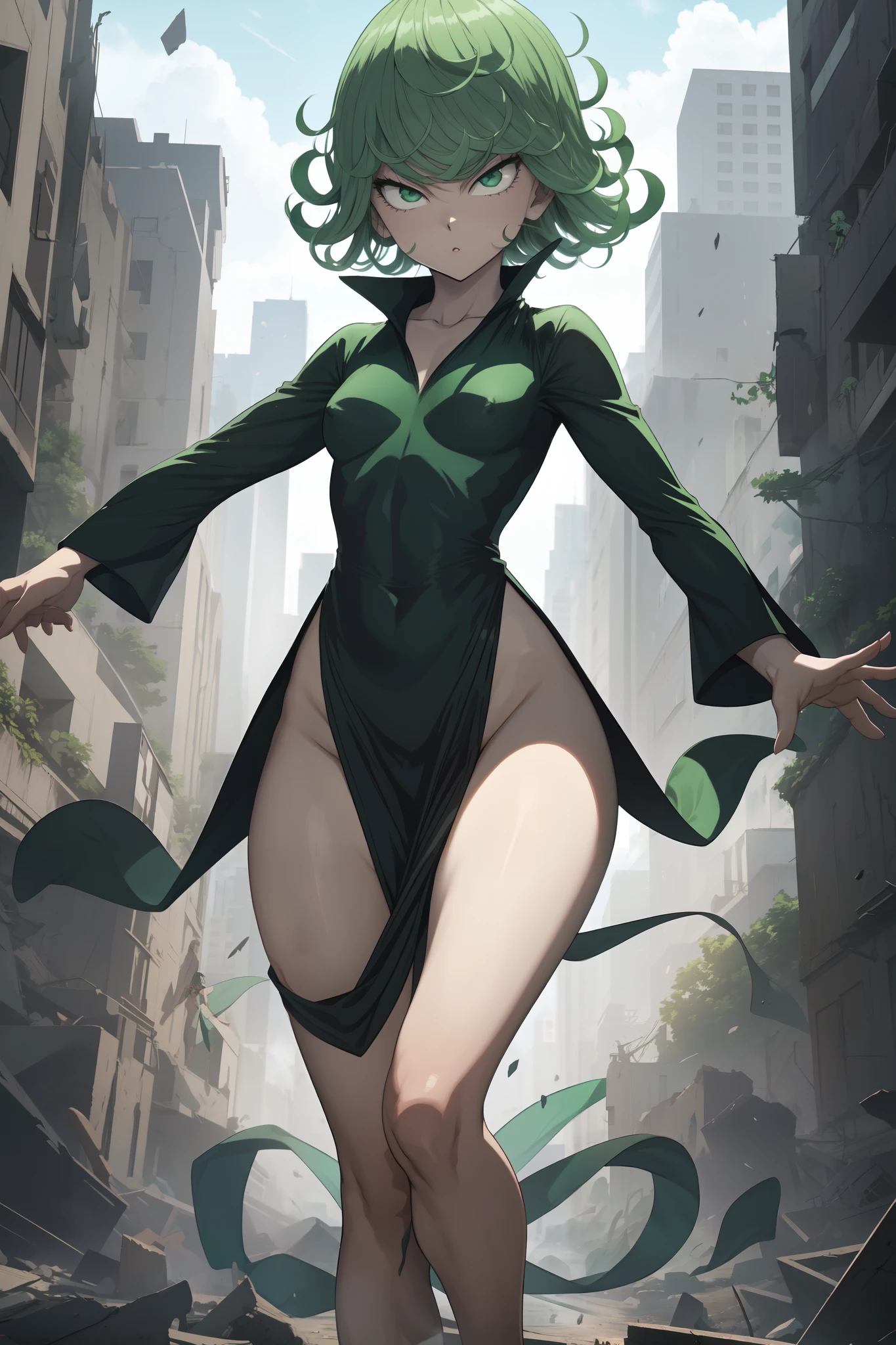 Generate a image of Tatsumaki from one punch man, short green hair, green eyes, 
Small chest, (fitting V-neck black dress with a high collar, long sleeves, and four high-cut leg slits), joyful expression, standing in a destroyed city, dynamic pose, dynamic view.