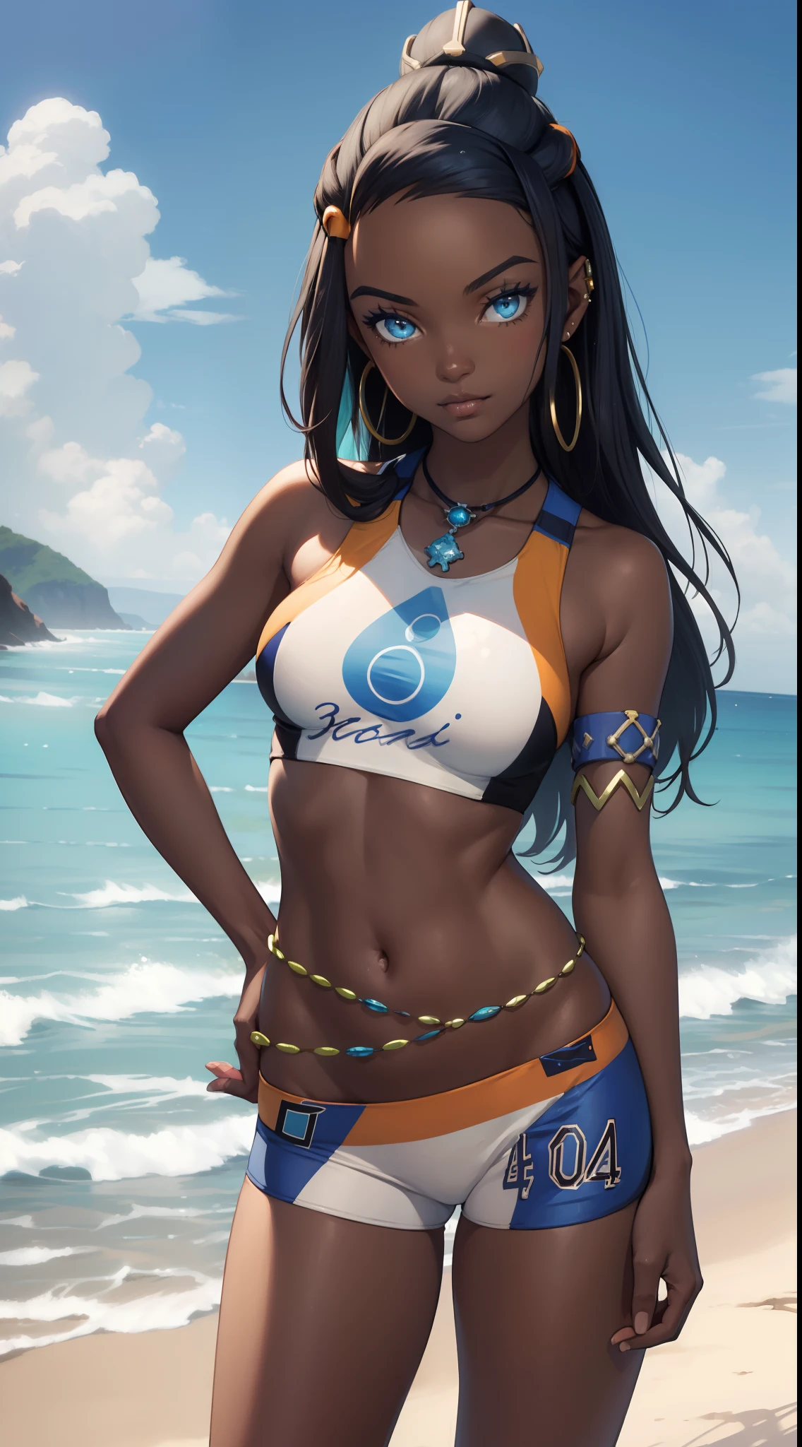 (masterpiece, best quality:1.2), cowboy shot, solo, 1girl, nessa, dark skin, dark-skinned female, slight smile, looking at viewer, hand on hip, single hair bun, swimsuit, bikini, jewelry, necklace, earrings, belly chain, armlet, midriff, beach, full body