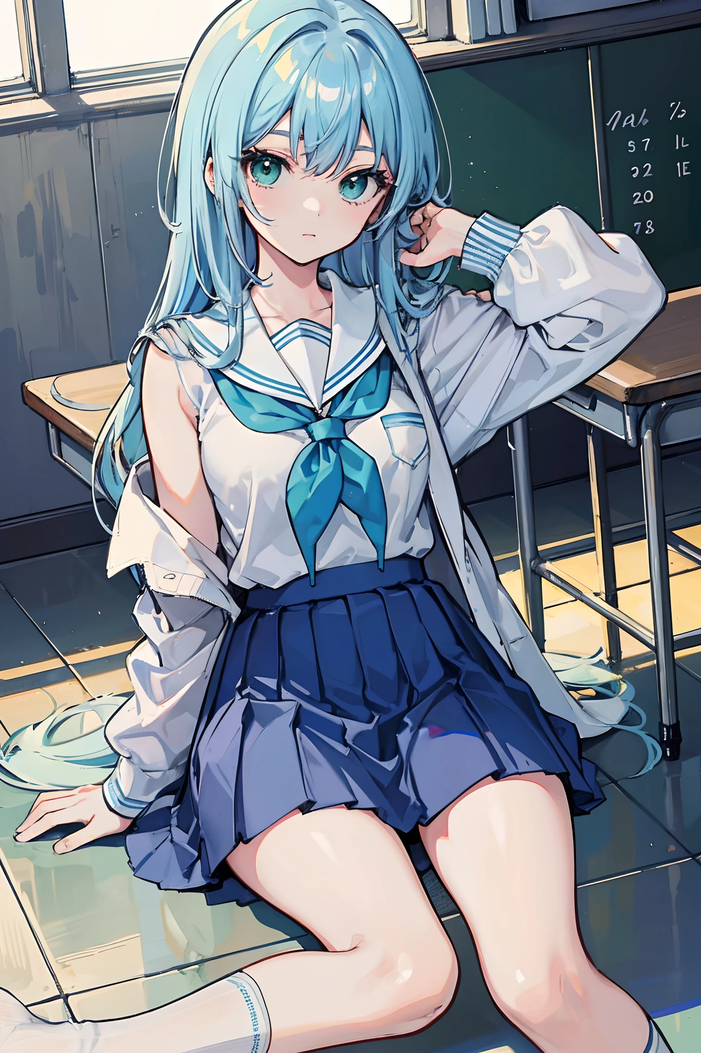 Masterpiece, Best quality, a beauty girl, hair over shoulders, Light blue hair, Green eyes, school uniform, Socks,