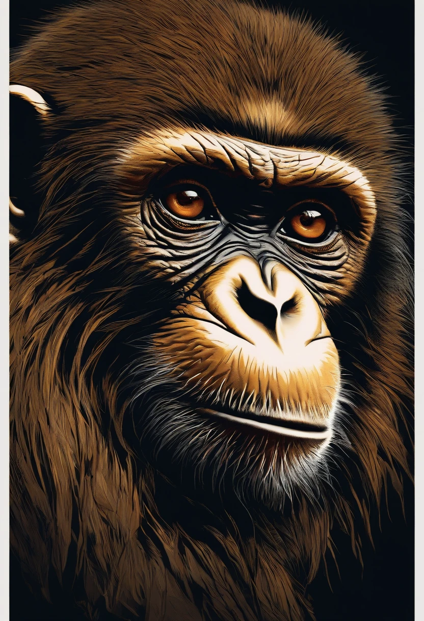 /Imagine Prompt: Illustration of the face of a monkey for a sticker with black background, en negrita, bordes dentados, Trashcore, sombreado claro --v 5.2