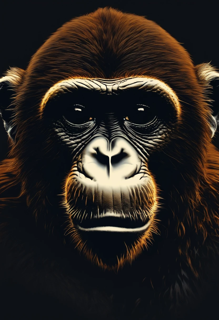 /Imagine Prompt: Illustration of the face of a monkey for a sticker with black background, en negrita, bordes dentados, Trashcore, sombreado claro --v 5.2