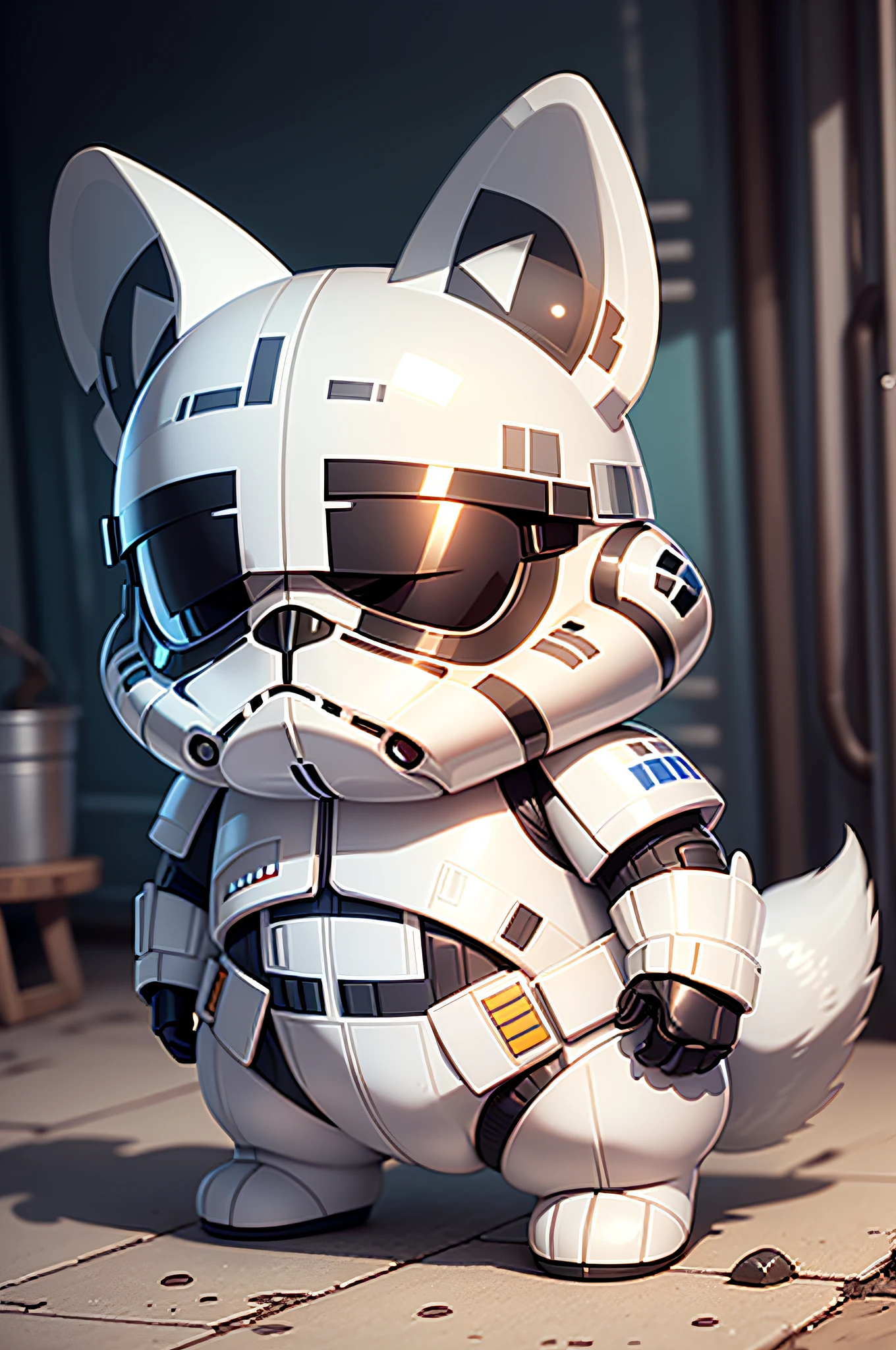 Amanda Cyfried in Cute Star Wars White Stormtrooper Armor, No mask, No Helmet Cartoon、Anthropomorphic French Bulldog（Detailed French Bulldog Appearance）