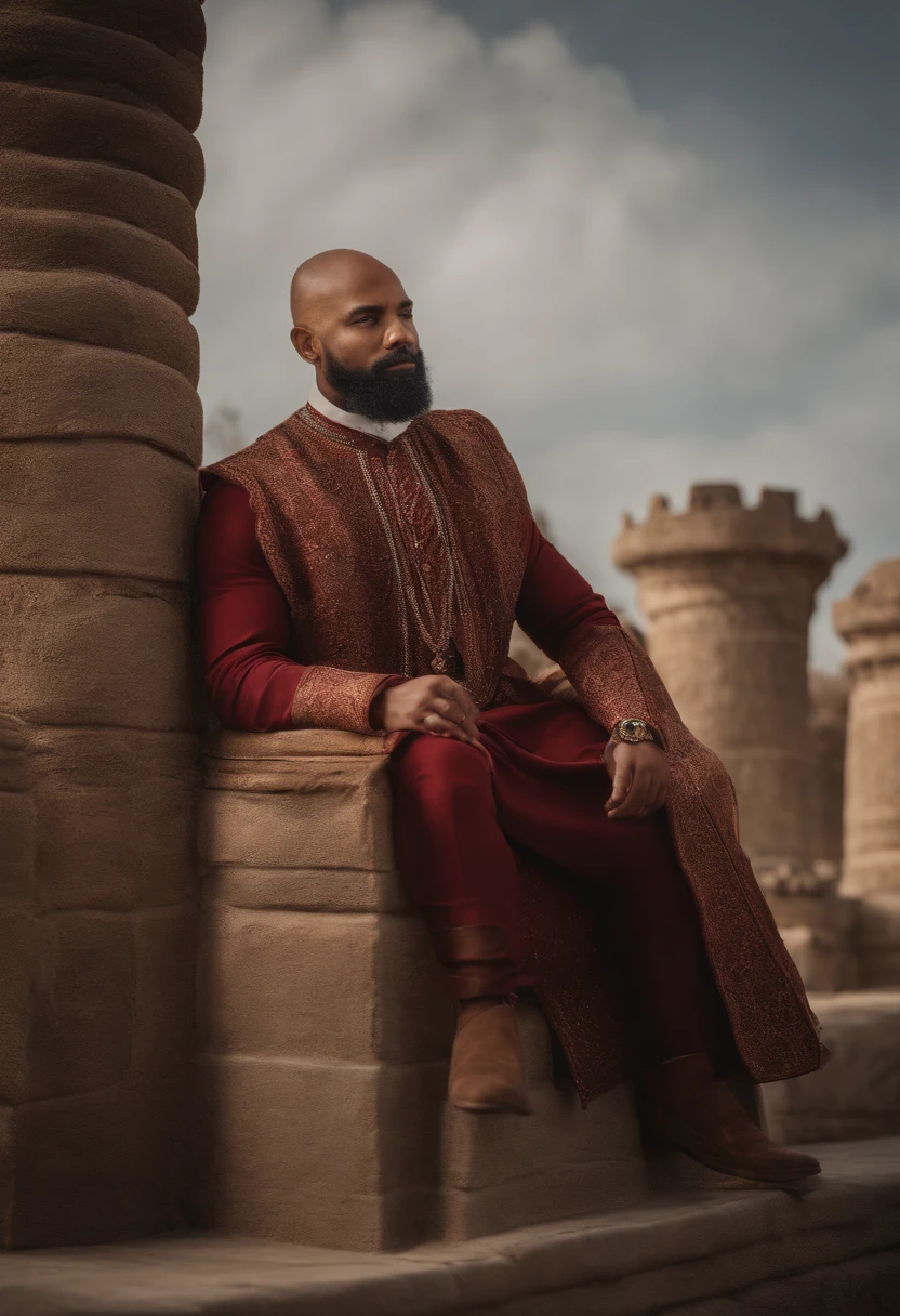 (brown skinned King:1.1),physically well built, sitting on throne,crown,short beard,bald,business attire,regal expression,detailed features,royal robes,vibrant colors,castle background,strong presence,atmospheric lighting,luxurious setting