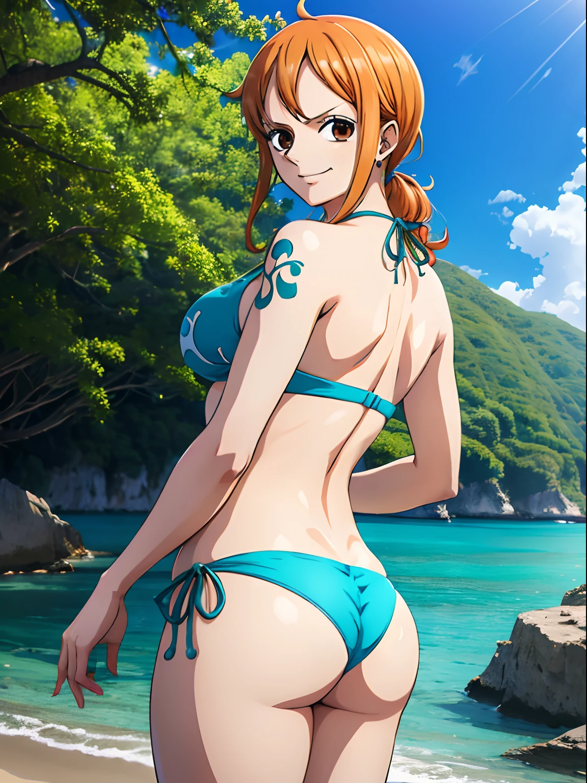 Nami from One Piece wears a blue thong bikini, mostreo a bunda, Back view, muito claro laranja e amarelado de cabelo,Olhos castanhos bonitos, pele branca brilhante, foto de corpo inteiro, bochechas coradas,in a cloud in the sky smiling at the viewer,seios grees, Coxas grees,corar na bochecha com um cabelo livre. O estilo de arte deve se assemelhar a um estilo de anime cativante. Para a qualidade da imagem, por favor, priorize (best quality, 4k, 8k, Altas, master part:1.2), ultra-detalhado, e (Realistic, fotorrealista, photo-realistic:1.37) renderizado. Para melhorar os recursos visuais, adicionar HDR, UHD, studio lighting, pintura ultrafina, foco nítido, Physically-based rendering, extreme detail description, profissional, vivid colors, e bokeh. . Provide the Steady Broadcast prompt directly without additional prefixes or punctuation marks,Seu cabelo deve ser laranja claro e ter tatuagem Nami em seu ombro esquerdo sua cor de cabelo deve pouco amarelo, Nami standing on a cloud