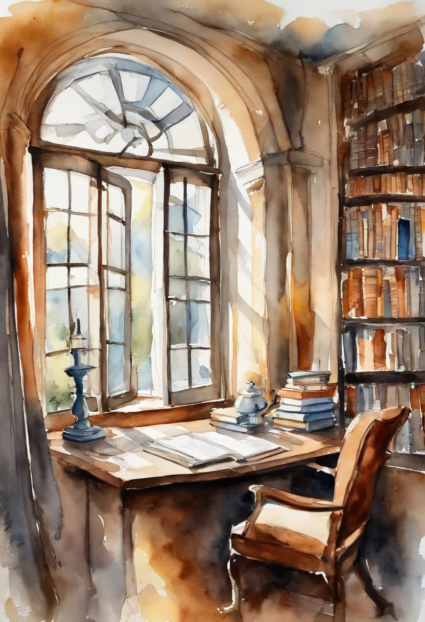 Ink wind,Interior of modern library tubes,On the desk were open books,A ray of sunlight shines through the window on the desk