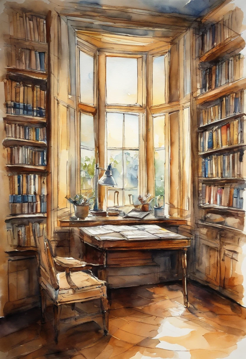 Ink wind，Interior of modern library tubes，On the desk were open books，A ray of sunlight shines through the window on the desk