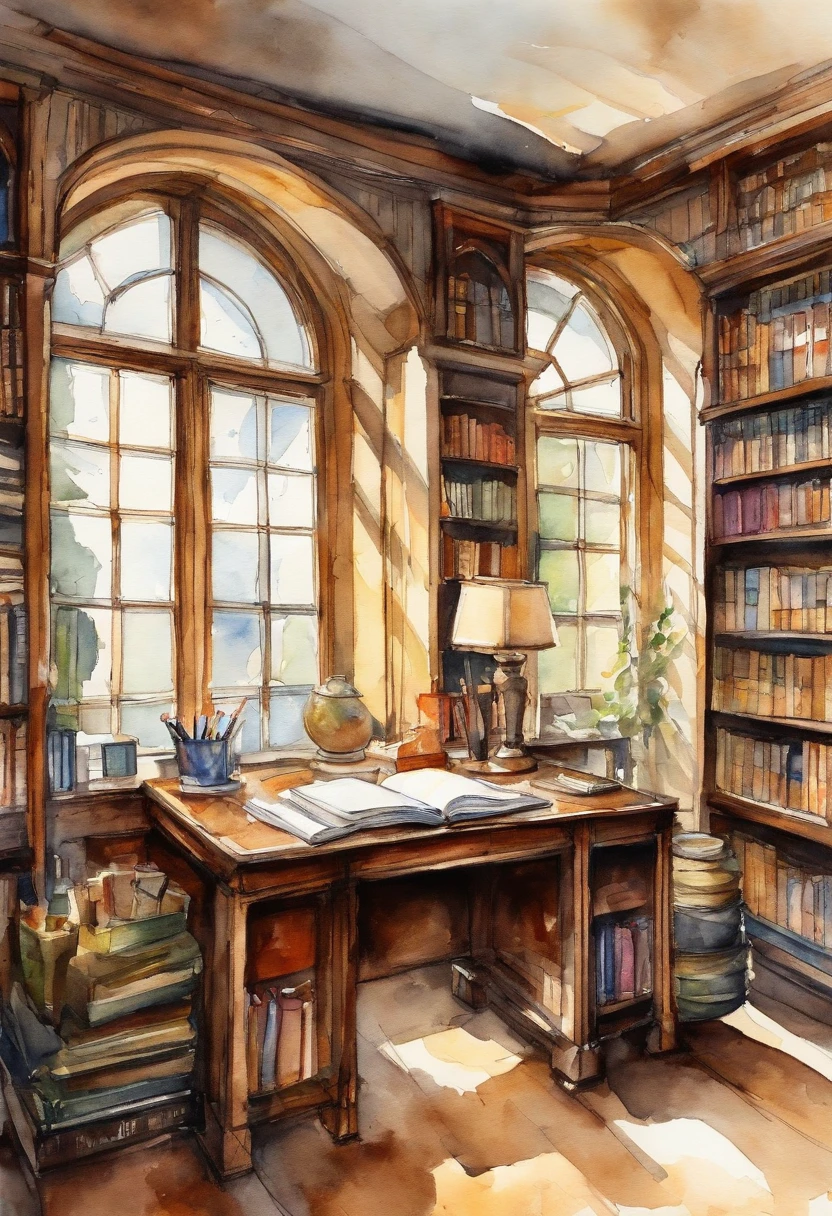 Ink wind,Interior of modern library tubes,On the desk were open books,A ray of sunlight shines through the window on the desk