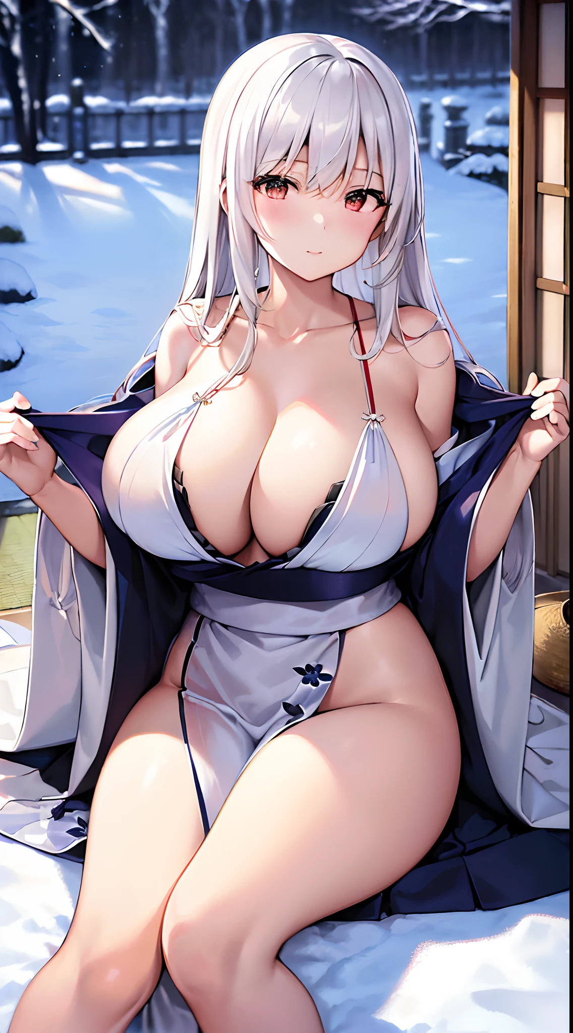 (((巨作))),(((best qualtiy))),((Ultra detail)),(illustration),huge tit,Exposed kimono,Angel wife in the snow,Facing the audience ,Take off half of your kimono,Long straight white hair,Largest breasts,Clean smooth and delicate white silk long legs,Gorgeous white Japanese kimono