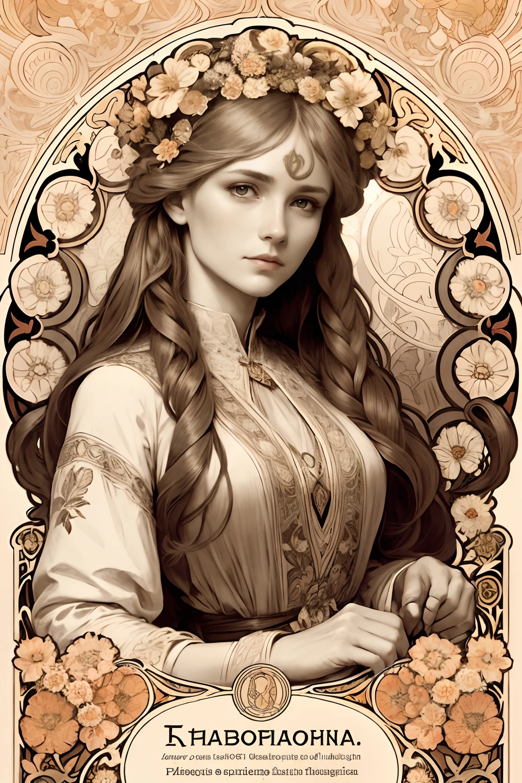 face portrait of a Ukrainian female , long curly hair, blond, floral frame, Decorative panels, abstract
artistic, by Alphonse Mucha, (Masterpiece, Best Quality, Highres:1.2), Detailed, Intricate Details, 4K, color splashes, line art, fibonacci, in the style of alfons mucha