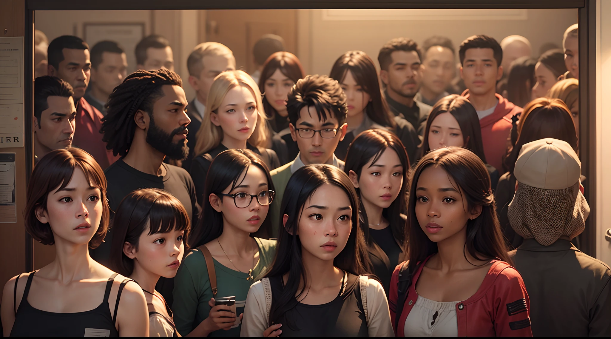 A super detailed image of a diverse group of people gathered in a welcoming environment
