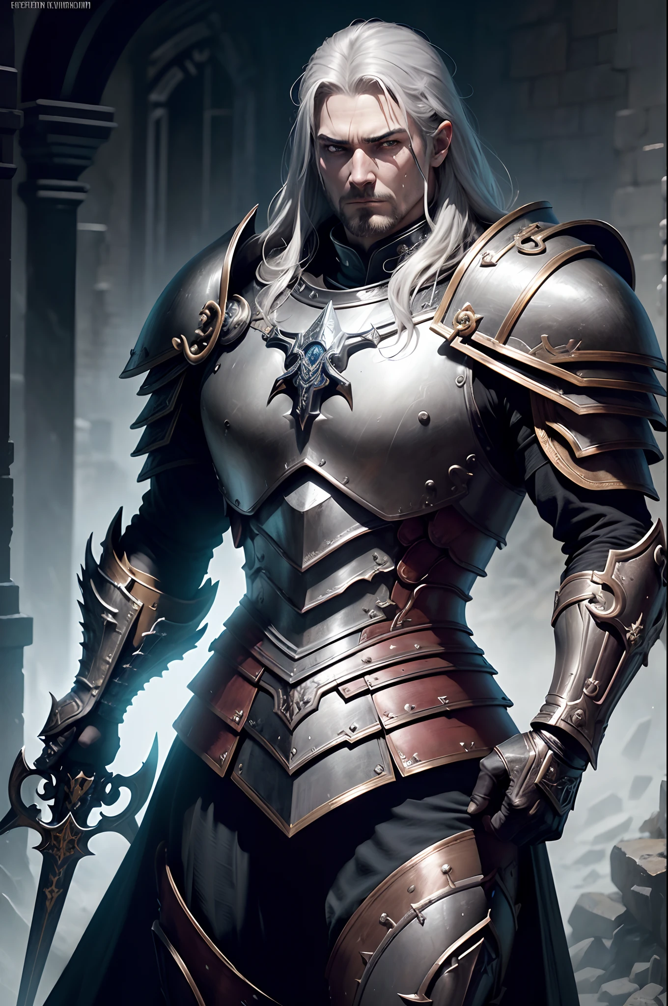 8K分辨率(full body Esbian:1.3)shots、splashart、Great cartoon style、Photorealistic and intense look、Male knight with fearless face,Anatomical Photorealistic Digital Painting(Adult male:1.3)Human portrait(AS-Adult:1.3)Black and silver complex(heavily armored:1.3)with  the(Dark and moody universe:1.3)、light particules、highlydetailed skin、knights、extremely detailed eye、 (Elden Ring-style:1.1)、(warhammer style:1.3)、Concept Artist、globalillumination、depth of fields、splashart、art by:ArtGerm、by Greg Rutkowsky、viktoria gavrilenko,Big Sword Details,Male Knight