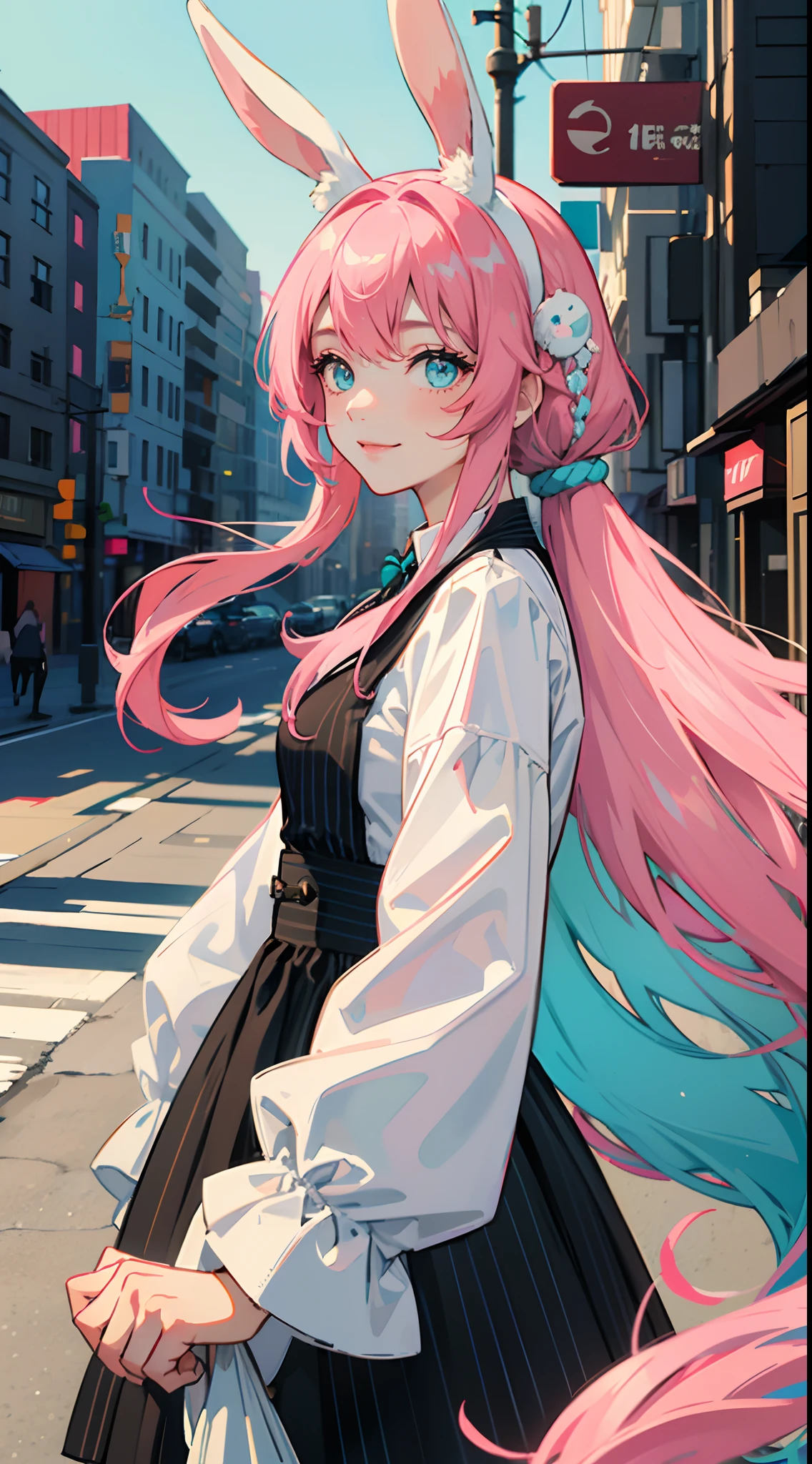 1 girl, long hair, long bangs, pink and turquoise hair, hidden hairstyle, white bunny ears, black Horizontal striped dress, black and white dress, city life, turquoise eyes, Rabbit ears droop down, long dress, light smile