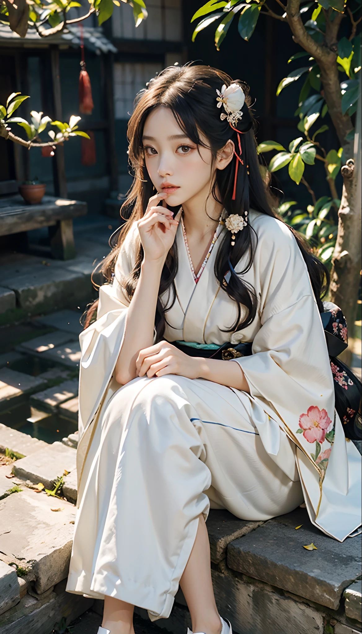 meticulous portrayal of face，1 noblewoman，(Hairpins)，(Camellia kimono)，(Long flowing colored hair)，Simple and elegant Japanese clothing，Collar，(black sock+，clogs)， s the perfect face， perfect hand， Perfect Finger， Perfect lips， perfect  eyes，Extremely normal body，Ancient Japanese town background，Perfect background