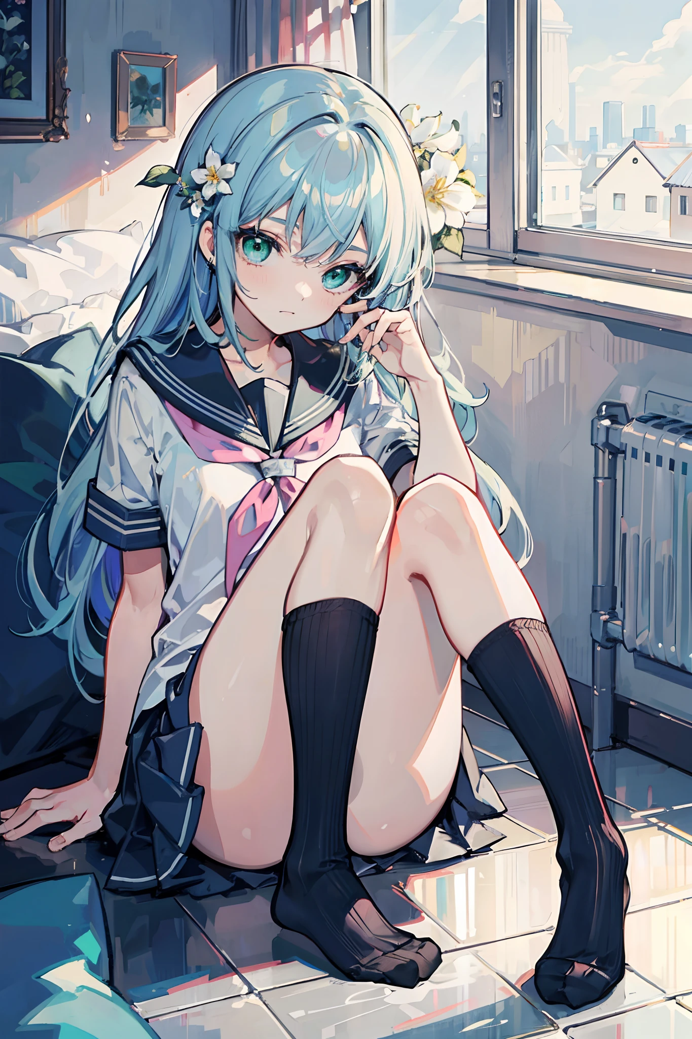 Masterpiece, Best quality, a beauty girl, Long hair, Light blue hair, Green eyes, seifuku, Socks, hair flower,