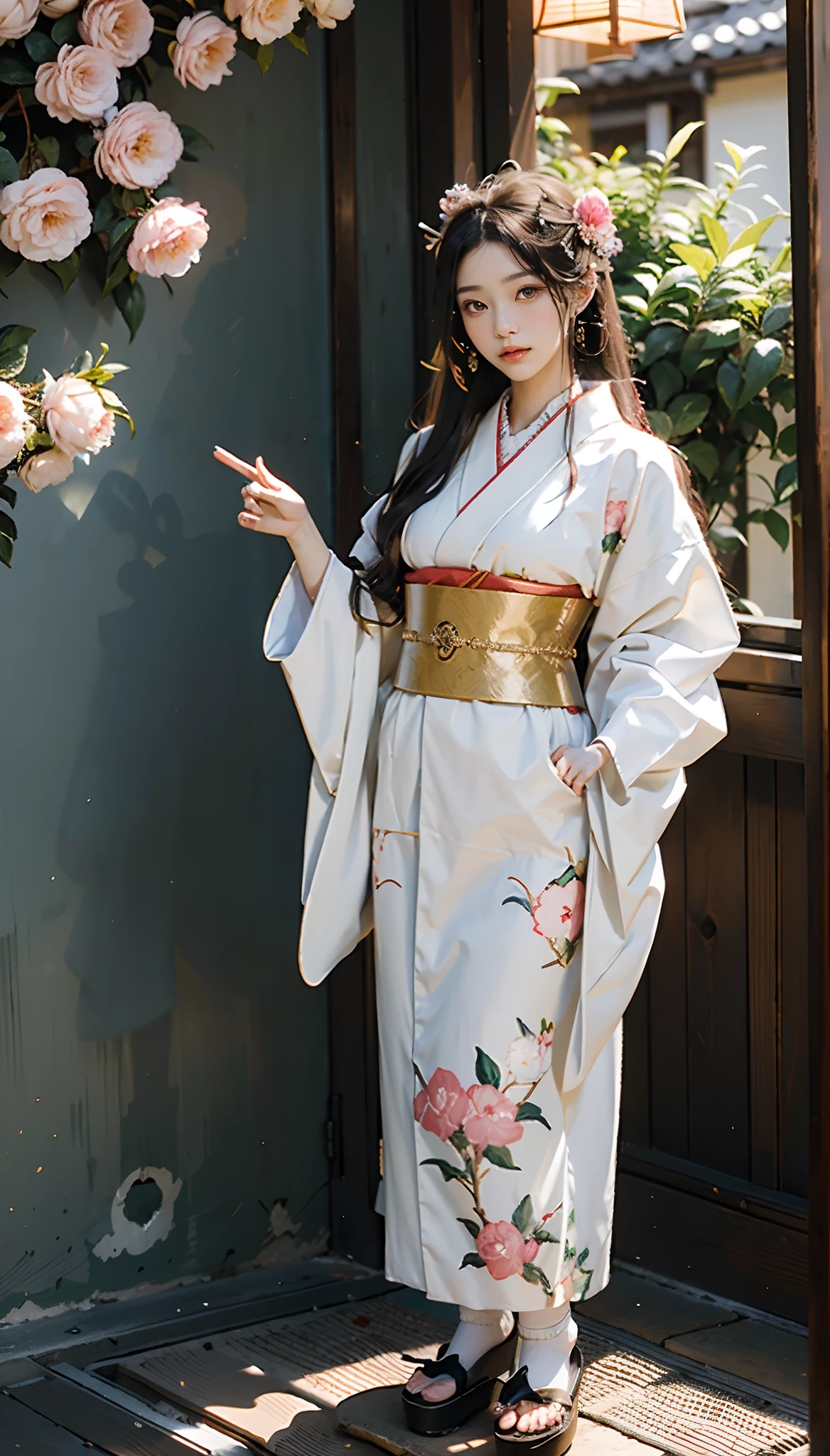 meticulous portrayal of face，1 noblewoman，(Hairpins)，(Camellia kimono)，(Long flowing colored hair)，Simple and elegant Japanese clothing，Collar，(black sock+，clogs)， s the perfect face， perfect hand， Perfect Finger， Perfect lips， perfect  eyes，Extremely normal body，Ancient Japanese town background，Perfect background