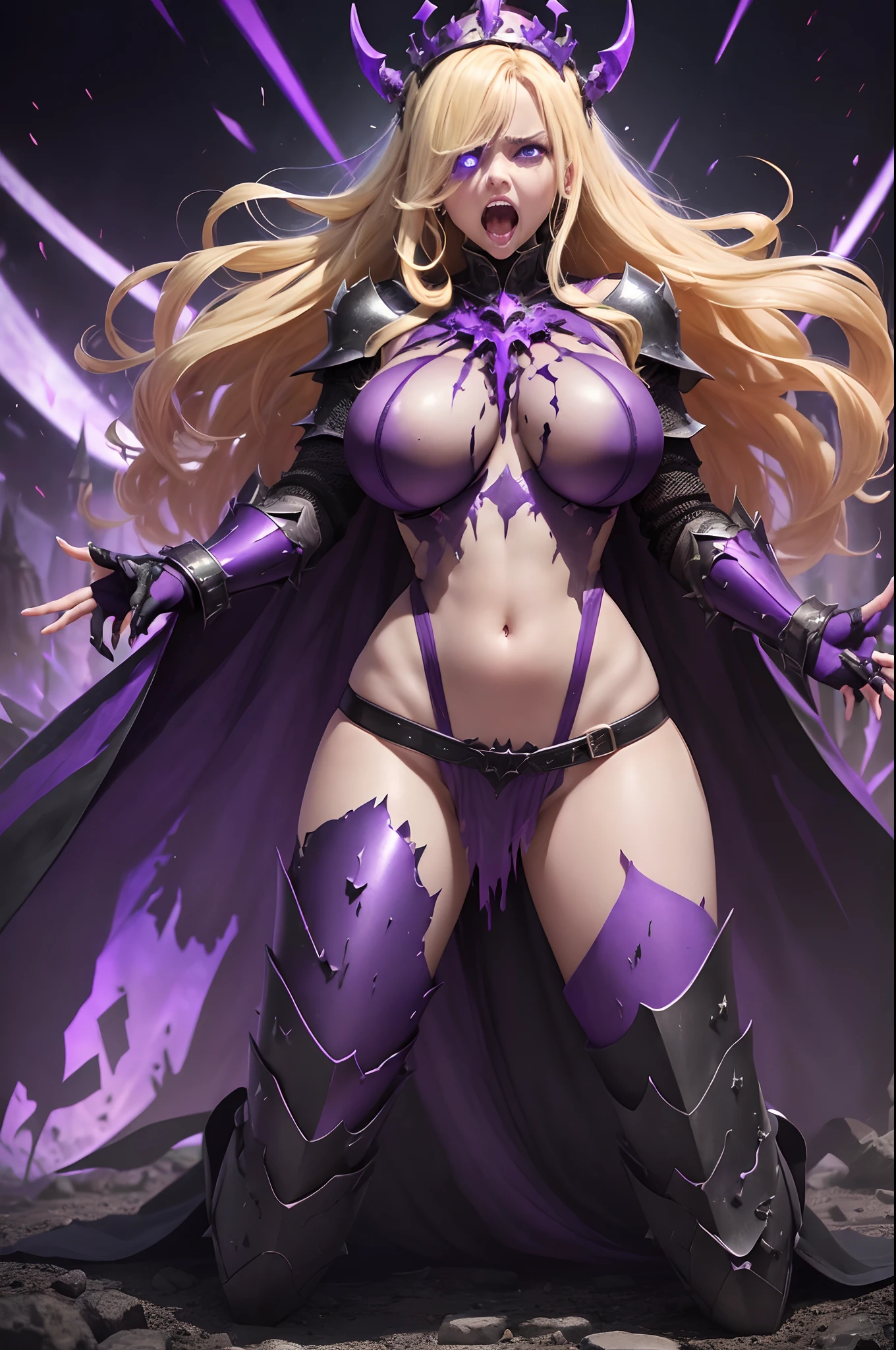 (Full body image:1.3), defeated holy paladin kneeling in a blasted evil hellscape struggling against a dark corruption, (wearing shattered holy armor:1.2), (holy crown), (fine blonde hair), (screaming horrified expression:1.3), (looking down at her own boobs), holding her own boobs, (oversized gigantic boobs), (black and purple spreading on her body:1.3), (one eye is evil and purple the other is normal and green:1.2), one hand has long purple fingernails.