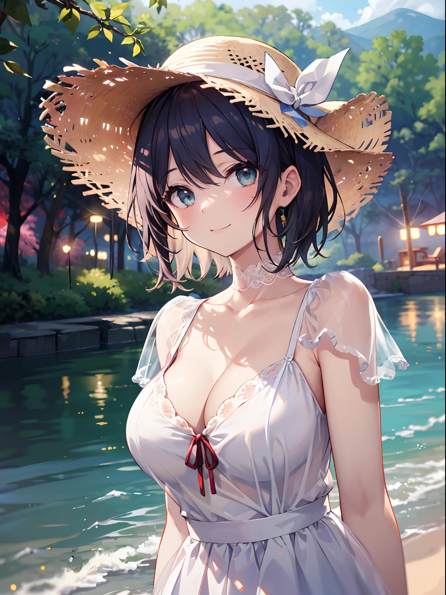 absurderes、high resolusion、(​masterpiece)、best qualtiy、(perfect anatomia)、ighly detailed, anime illustrated, 

(depth of fields)、bokeh dof, 
(Lori, Chiquita), large boob, Short hair, 
1girl in, sarashina_ruka, 

White Dress, a straw fedora hat, 
River, 

Smile,