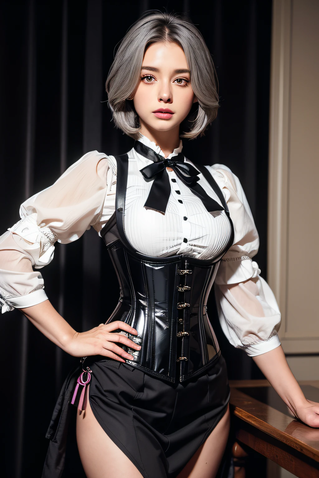 ((school uniform)), (Jumper skirt), ((corset)), (View your viewers), sexy, ((alone)), (1 female), ((Age 25)), ((highest quality)), ((masterpiece)), (Familiar), Perfect Face, 8k , (Cowboy Shot), short hair, (((Pink Hair 1.5))), Bobcut, black eye, Beautiful Princess, smile, Thin thighs, Medium chest, Perfect limbs, ((Metallic costumes)), sexy, Are standing,
