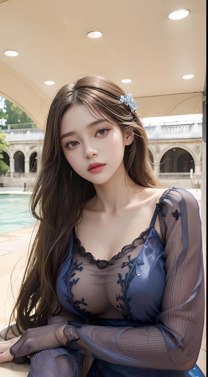 (Front Focus),(in the darkness nigth:1.6),Surrealist portraits of women by David Hockney and Alphonse Mucha,((Royal Palace Pool)),Fantasyart,Light brown bob hair、photographrealistic,动态照明,art stations,poster for,Volumetriclighting,extra detailed face,4 k'',((Colossal tits))、Award-winning white lace sexy slip dress is beautifully embroidered,With diamonds,Sexy thighs,Decorated with fine embroidery and fine jewelry,exposing the abdomen ,Chest 1 Girl, In the Dark, deepshadow, low tune, Cowboy Shot,(official clothing:1.4), The eyes are confused and seductive,legs separated
