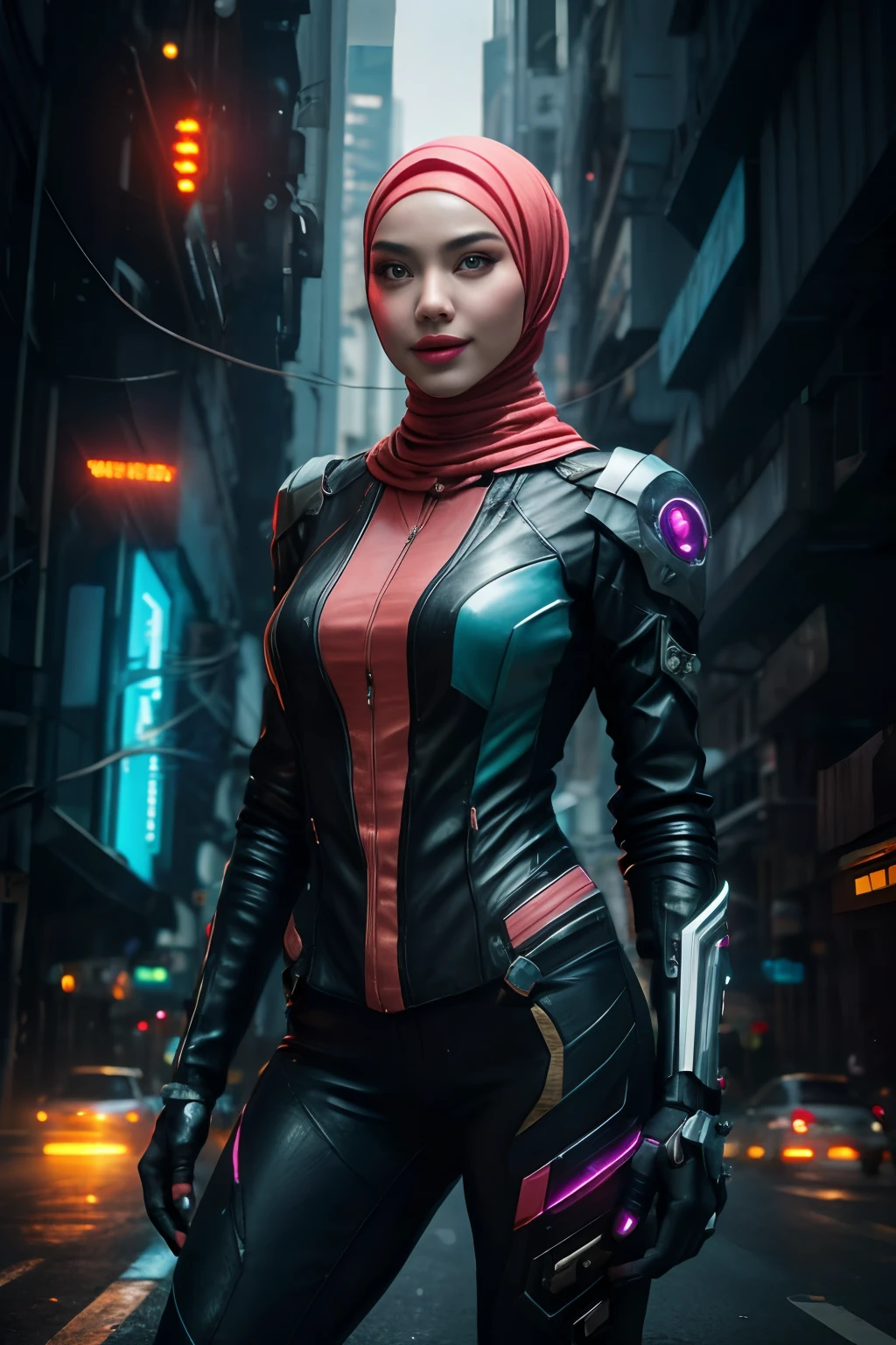 cyber punk malay Girl in hijab,(top-quality、8K、32K、​masterpiece)、(The ultra -The high-definition)、(Photorealsitic:1.4), dynamic pose, cowboy shot, cyberpunk fashion,depth of fields, cyberpunk city background, cinematic lighting.