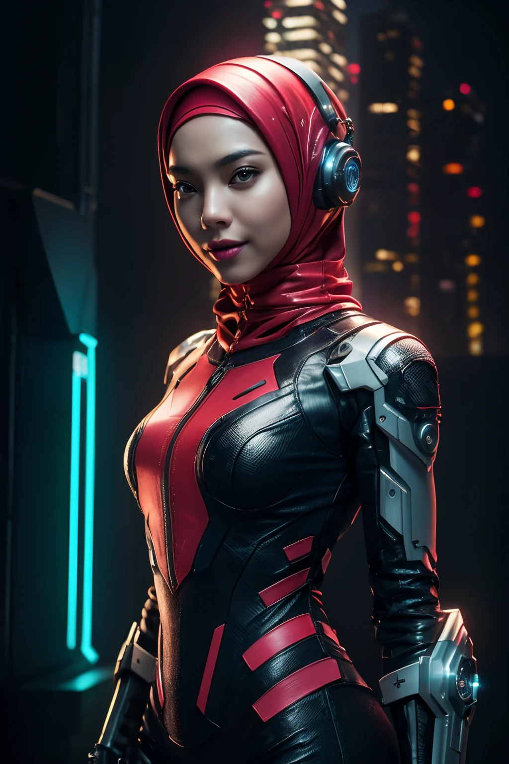 cyber punk malay Girl in hijab,(top-quality、8K、32K、​masterpiece)、(The ultra -The high-definition)、(Photorealsitic:1.4), dynamic pose, cowboy shot, cyberpunk fashion,depth of fields, cyberpunk city background, cinematic lighting.