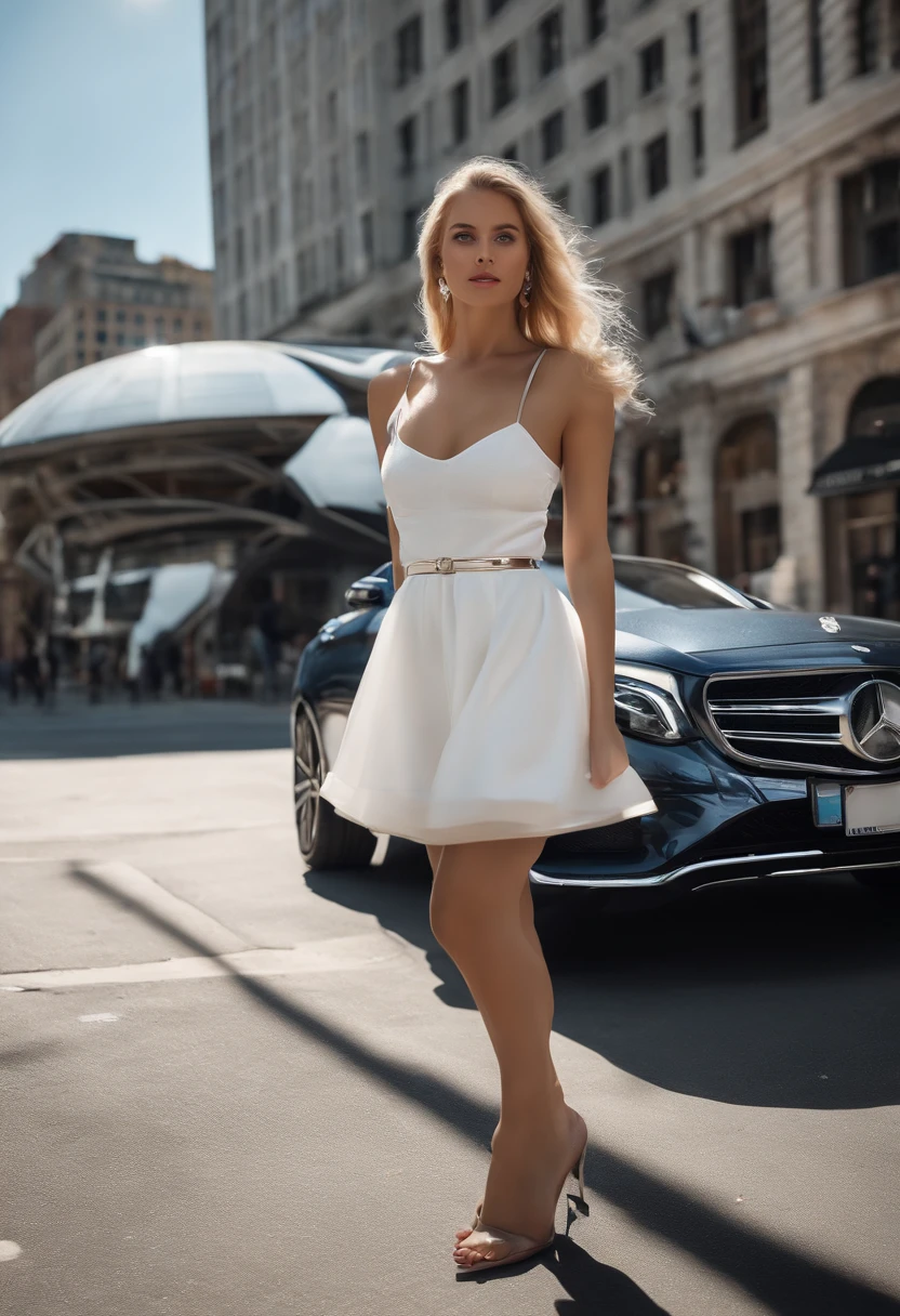 sexy girl with blue eyes, ultra realistic, meticulously detailed, at the parking, blonde hair and large eyes, selfie of a young woman, white skirt, without makeup, natural makeup, looking directly at the camera, face with artgram, subtle makeup, stunning full body shot, next of the mercedes benz car, medium to large size bust, sunny weather, view of the streets, new york city, los angeles, full body photo, whole person in the picture, photo shot on iphone, hyper realistic photo, ultra sharp, real life footage, instagram post photo, girl having fun, avarage quality of the photo, sunlight, selfie, people in the background, car in the background, around people